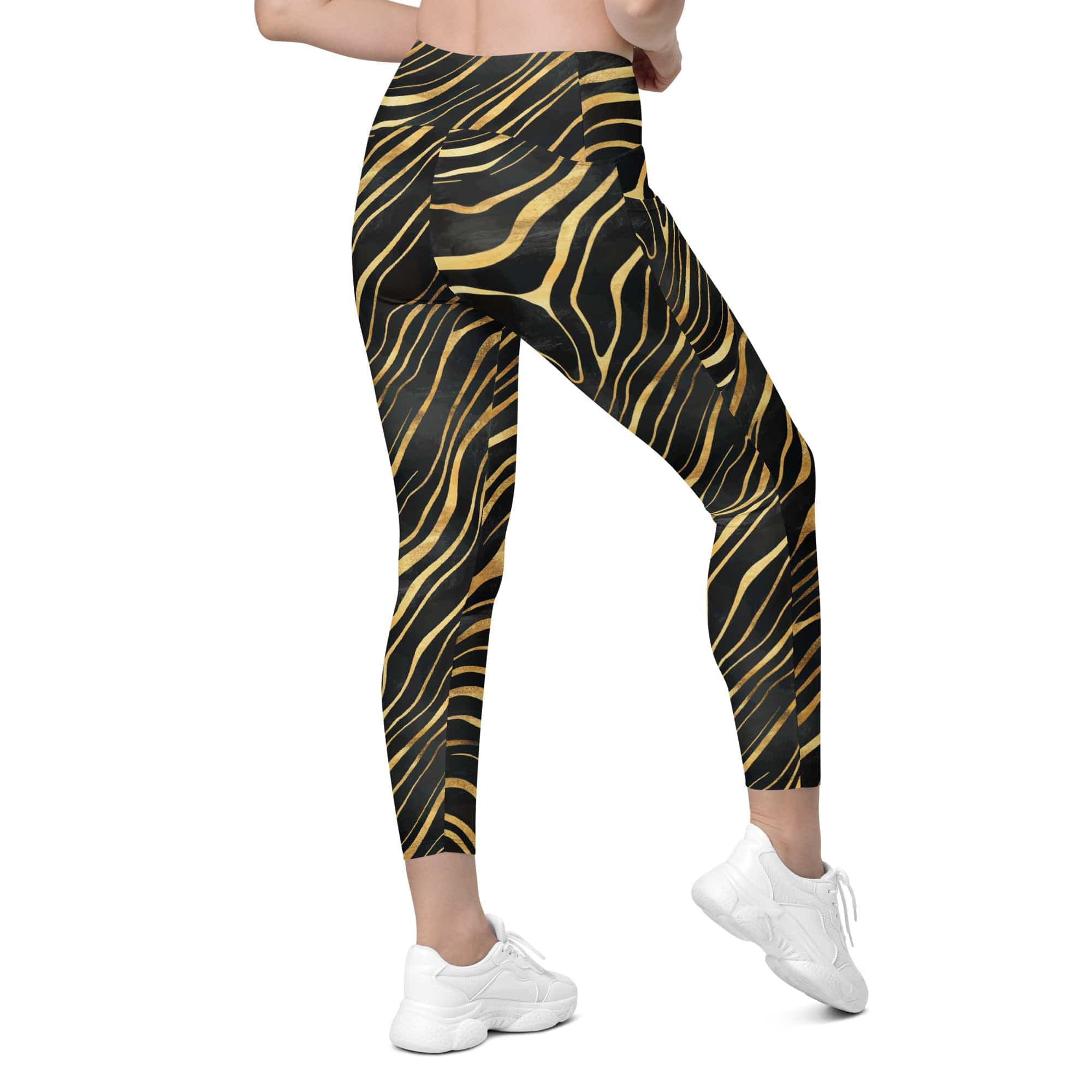 Golden Print Waves Crossover Leggings With Pockets