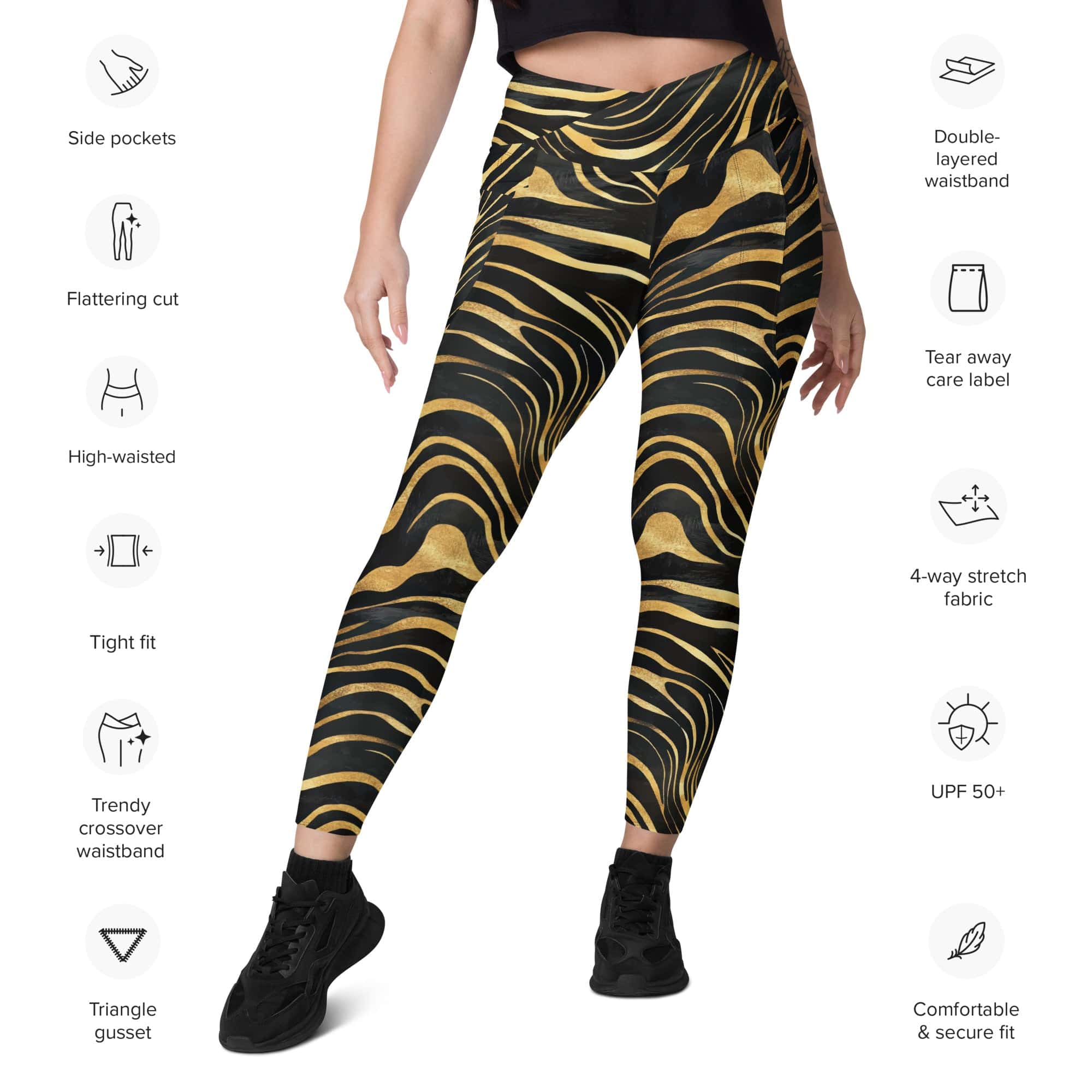 Golden Print Waves Crossover Leggings With Pockets