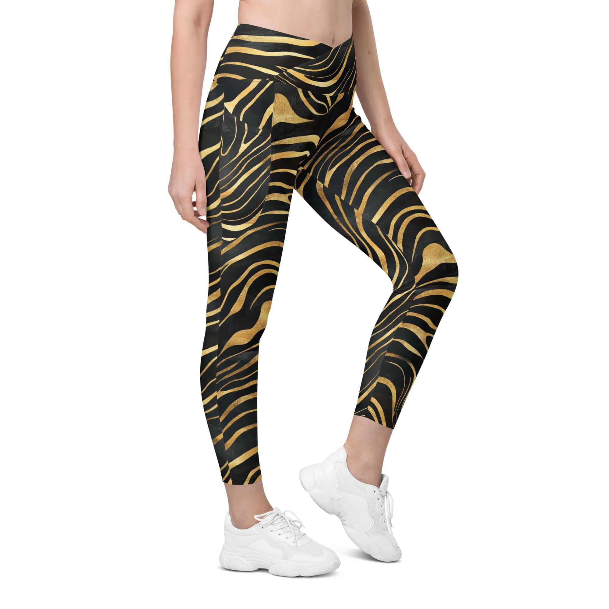 Golden Print Waves Crossover Leggings With Pockets
