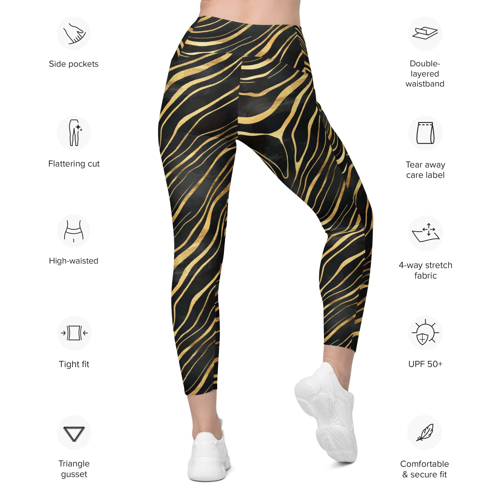 Golden Print Waves Leggings With Pockets