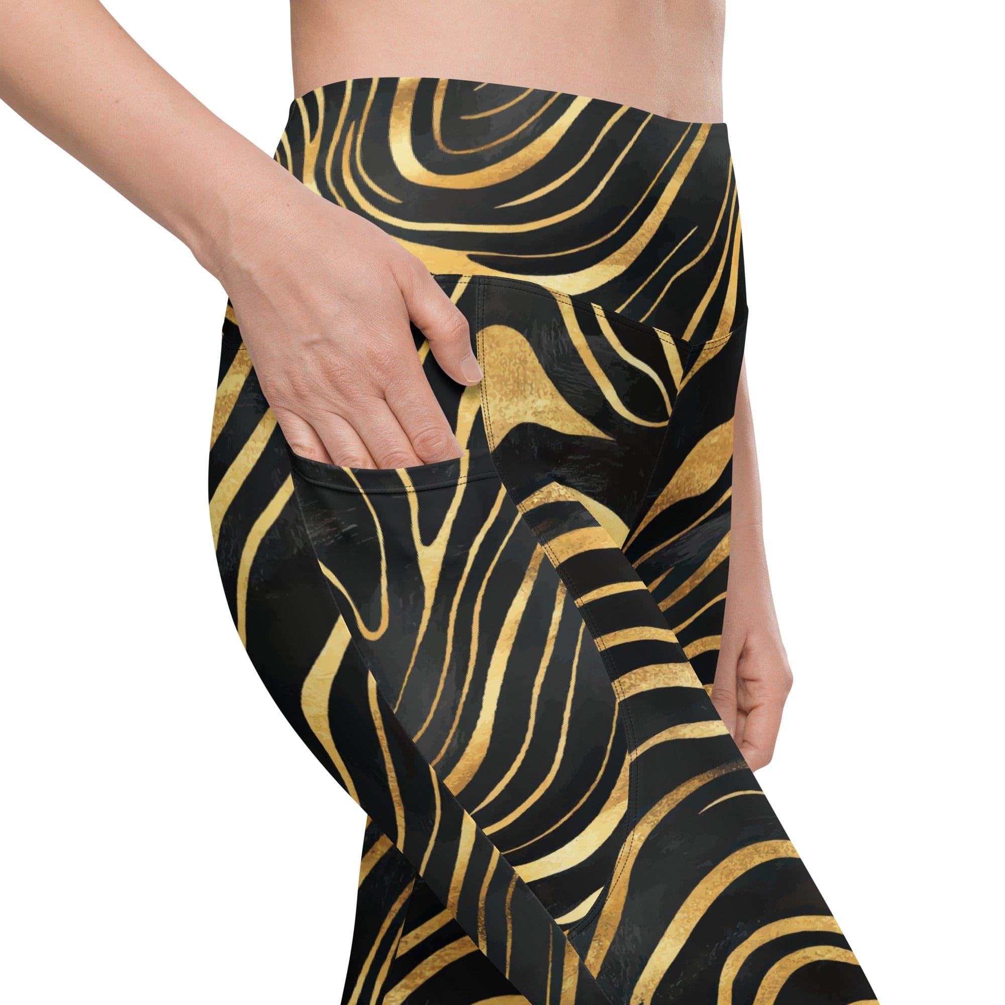 Golden Print Waves Leggings With Pockets