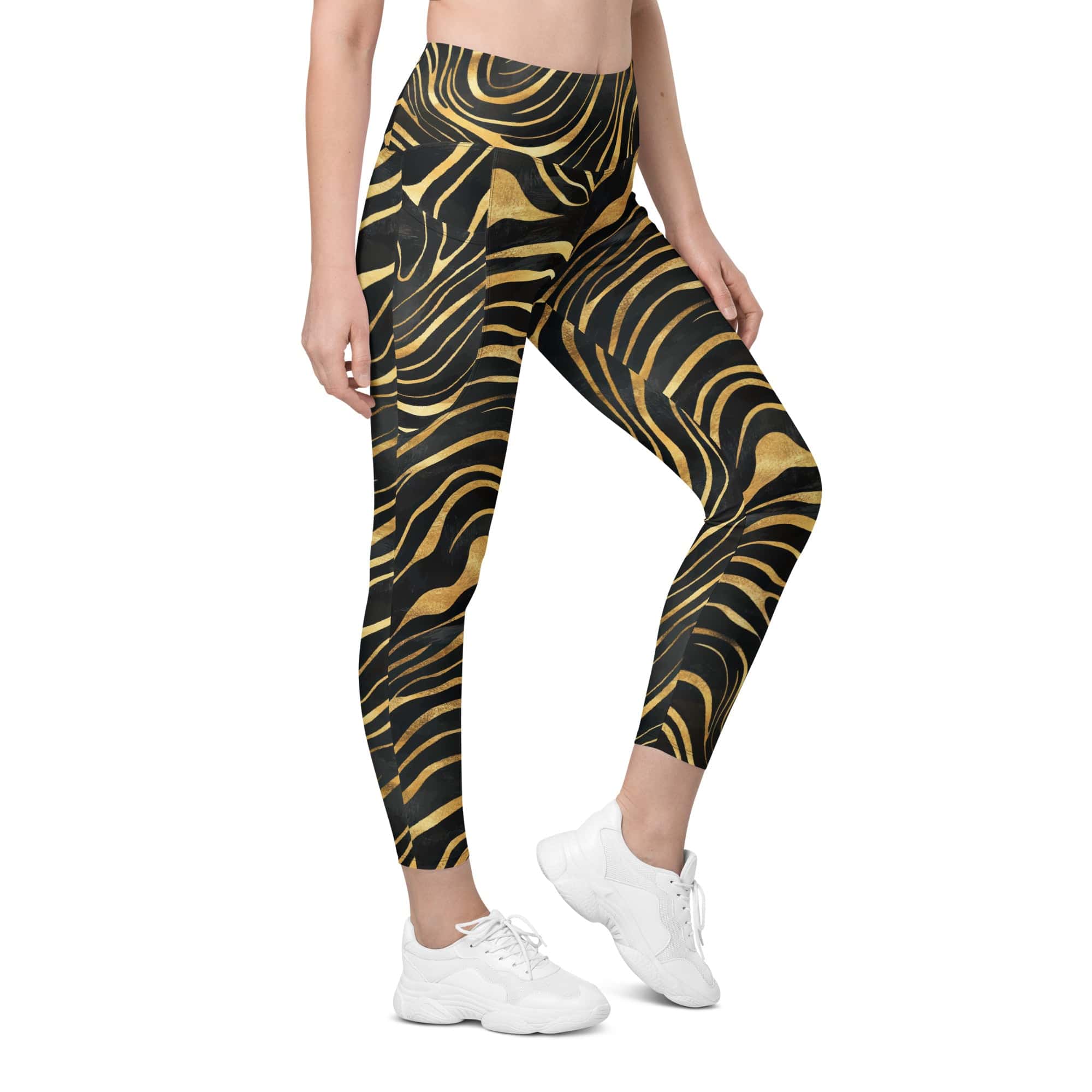 Golden Print Waves Leggings With Pockets