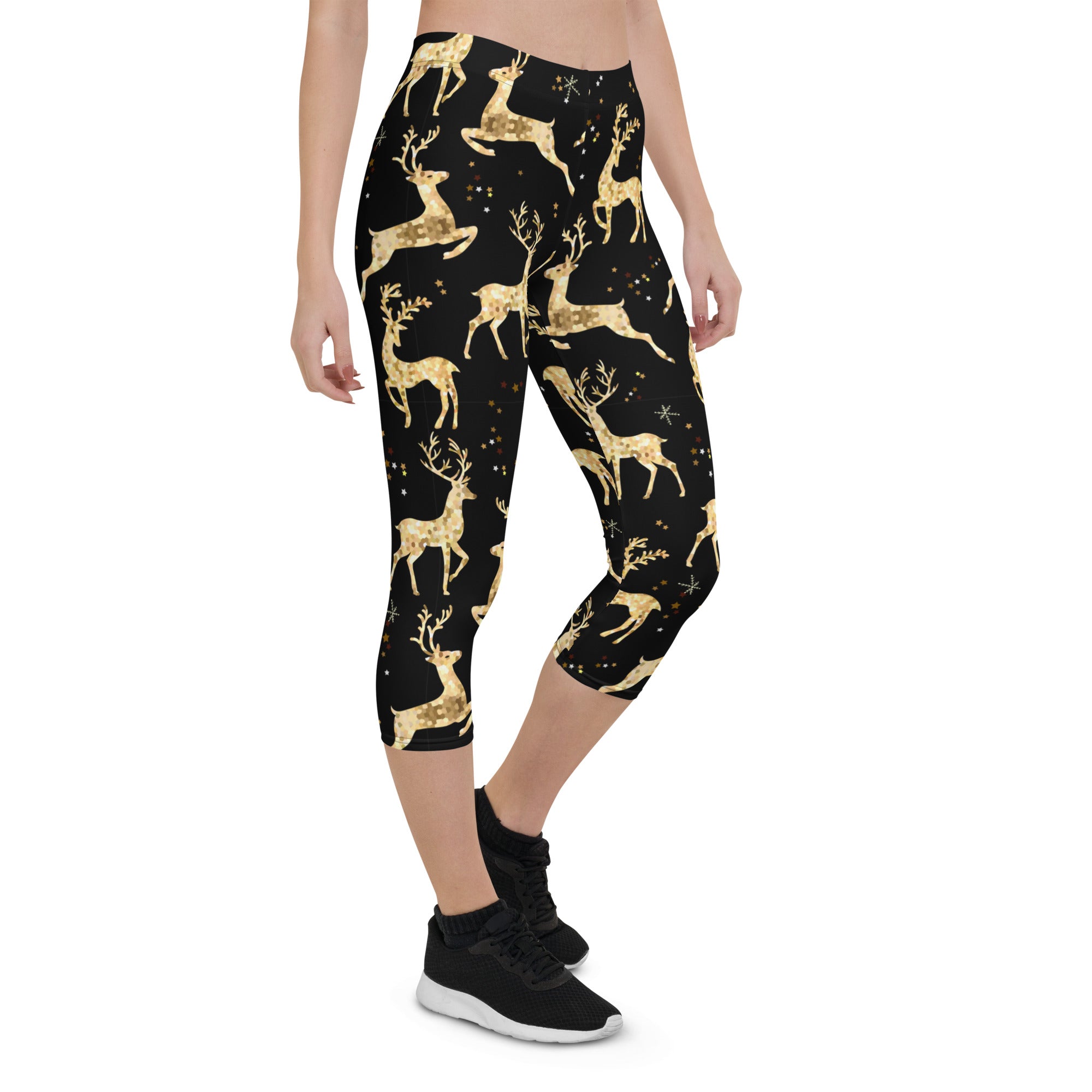 Golden Reindeers Print Capris