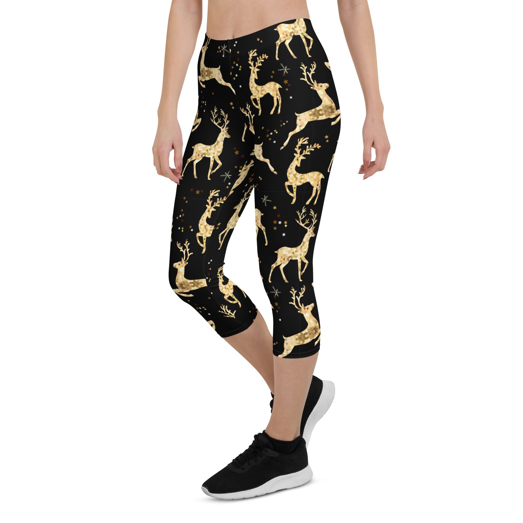 Golden Reindeers Print Capris