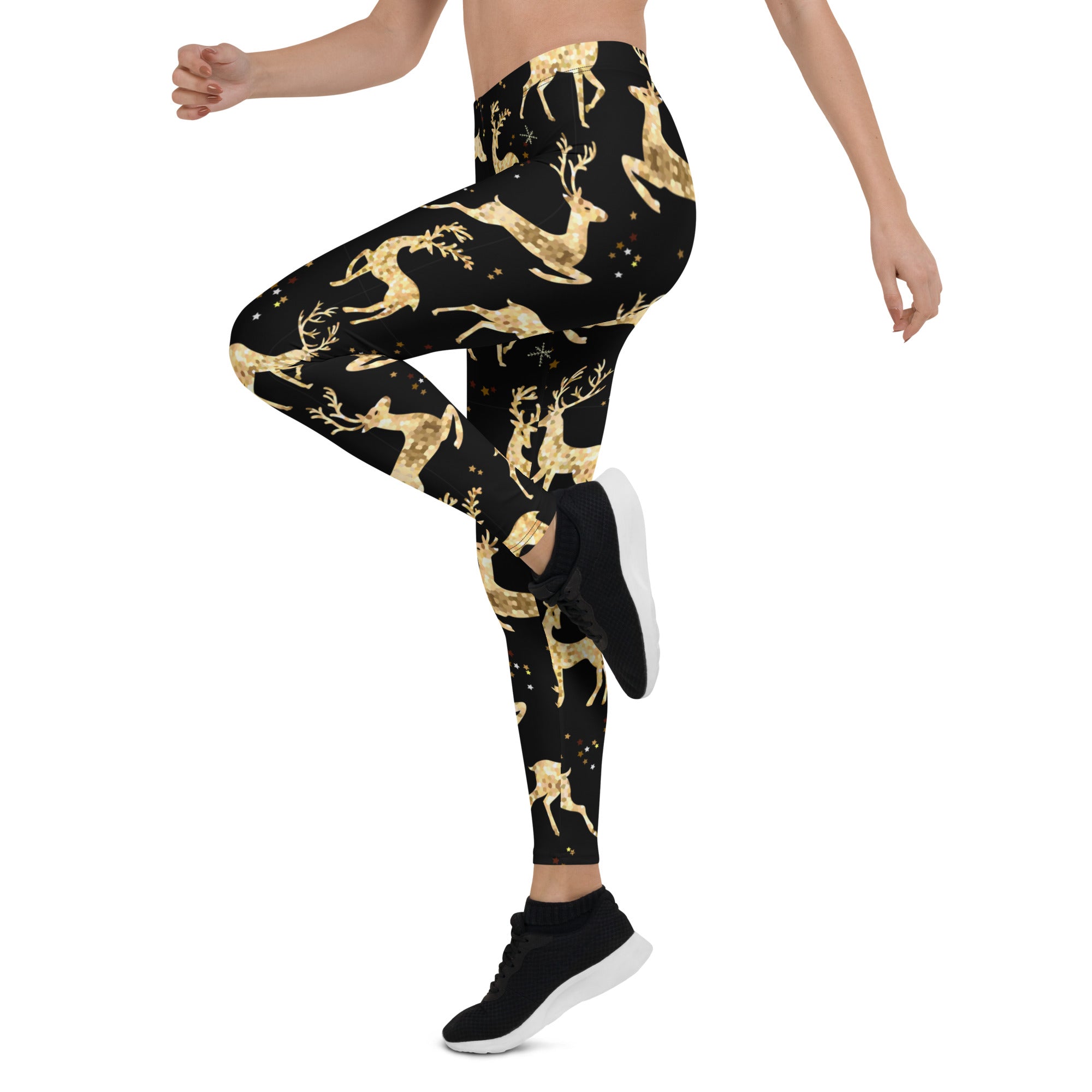 Golden Reindeers Print Leggings