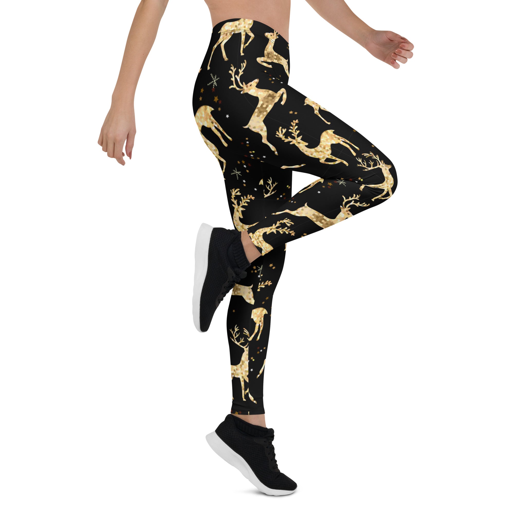 Golden Reindeers Print Leggings