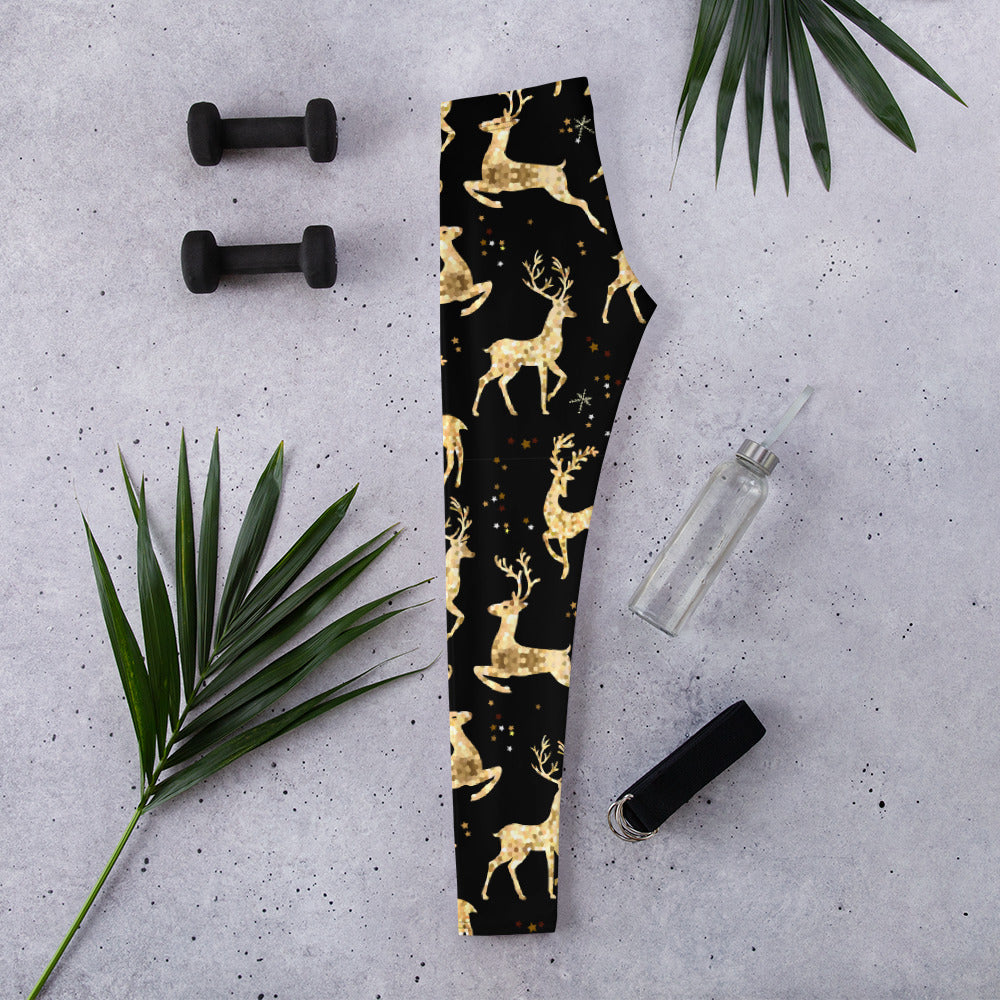 Golden Reindeers Print Leggings