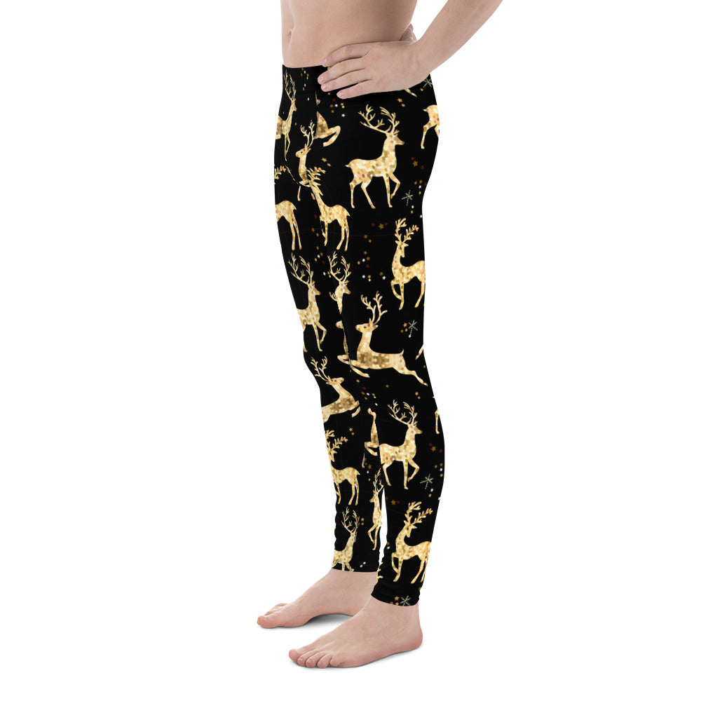 Golden Reindeers Print Men's Leggings