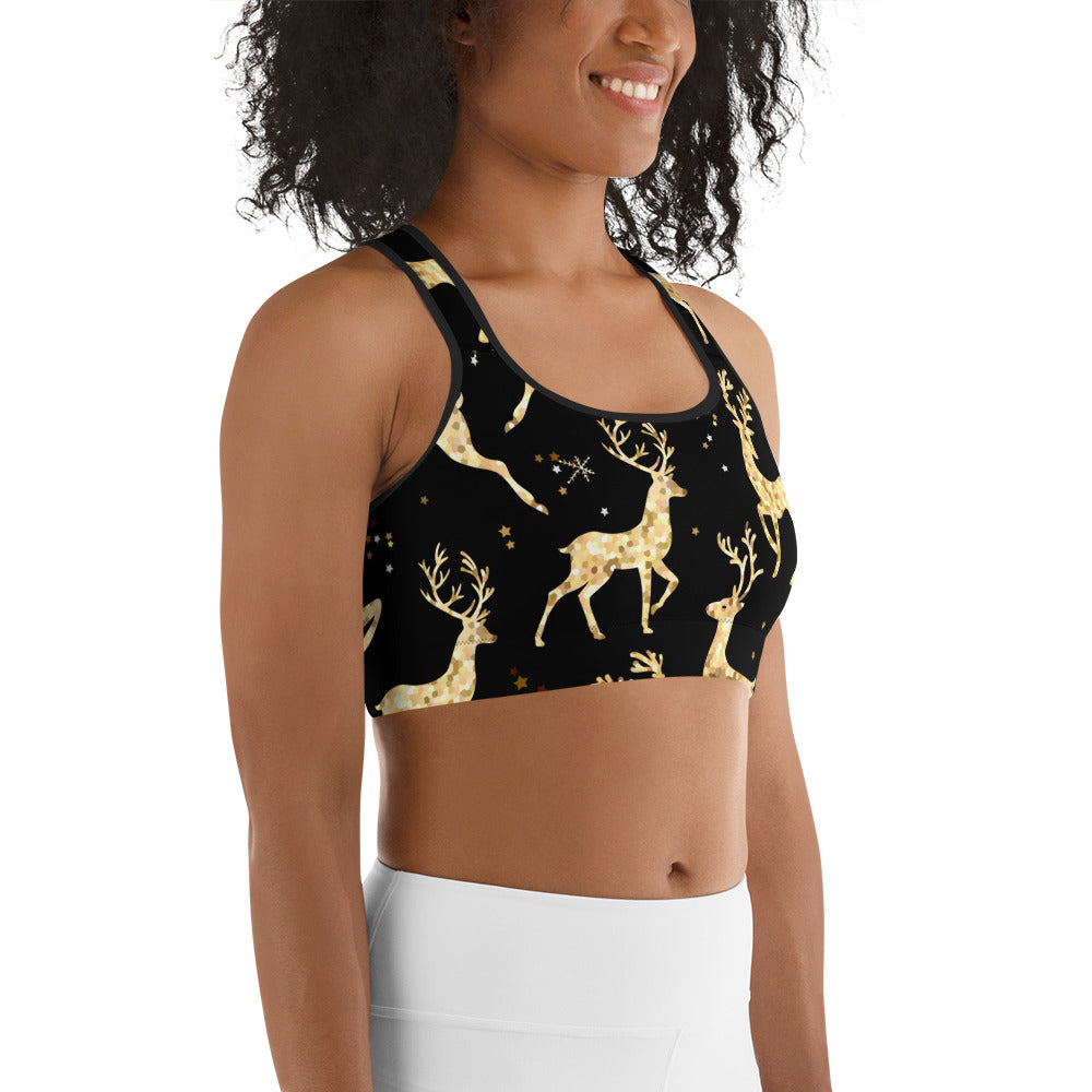 Golden Reindeers Print Sports Bra