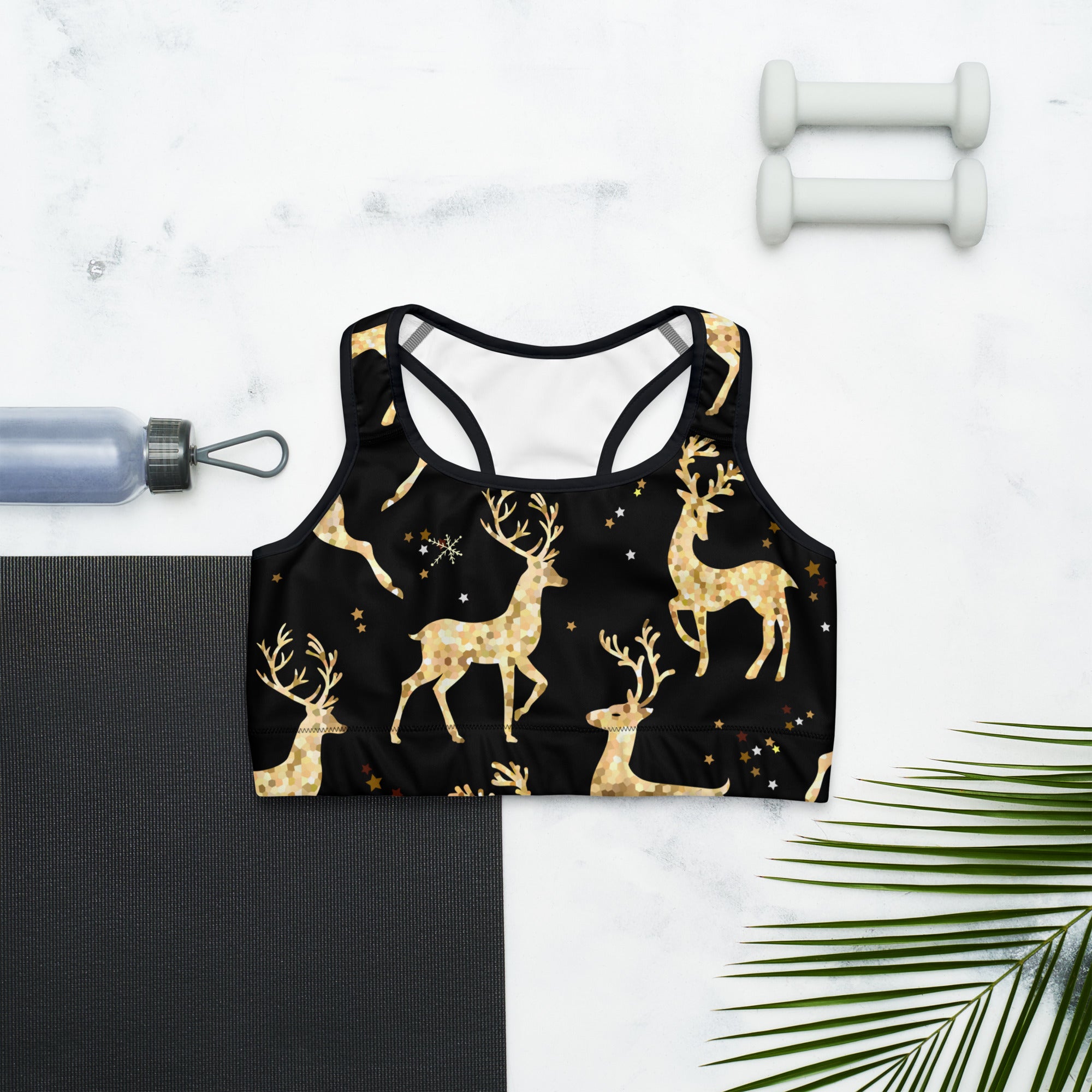 Golden Reindeers Print Sports Bra