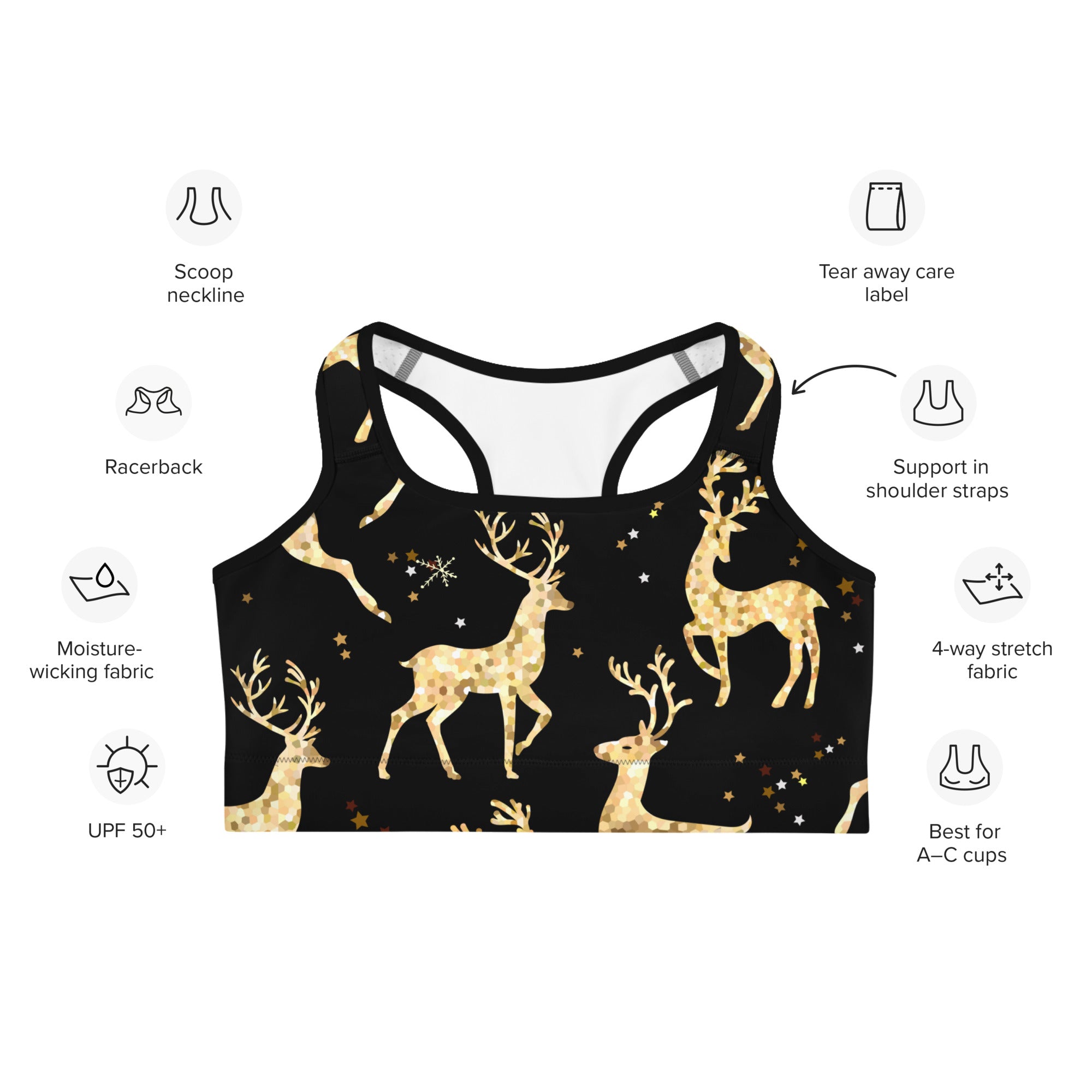 Golden Reindeers Print Sports Bra