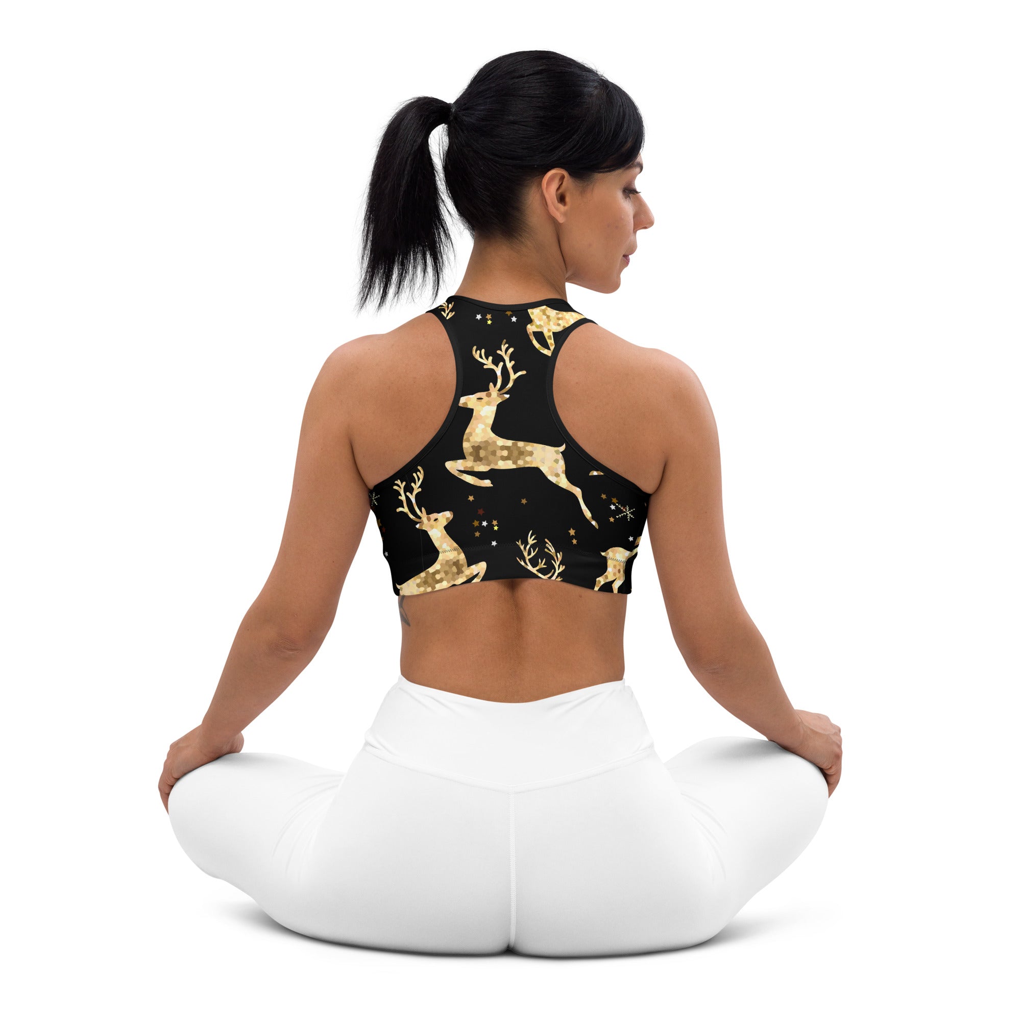 Golden Reindeers Print Sports Bra