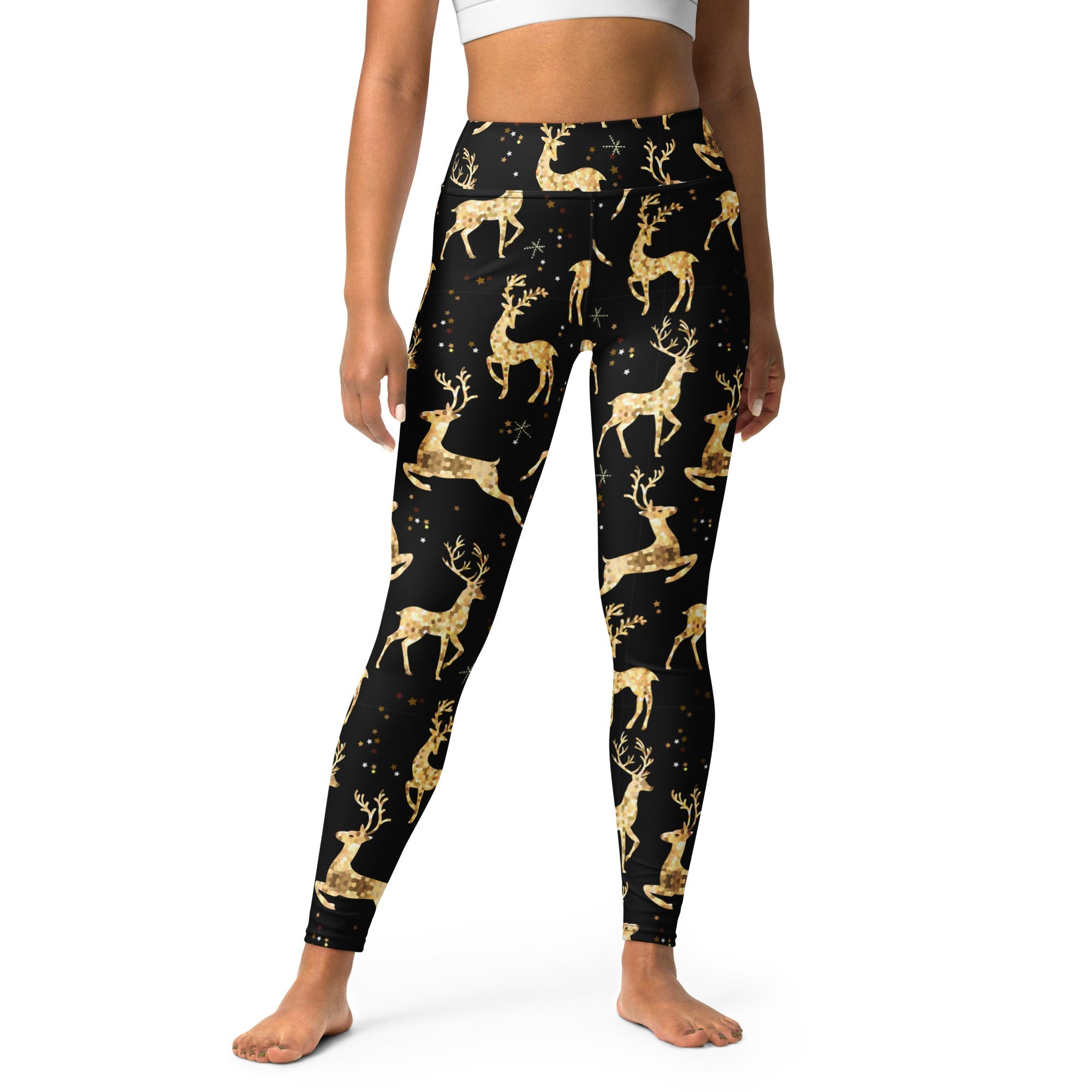 Golden Reindeers Print Yoga Leggings