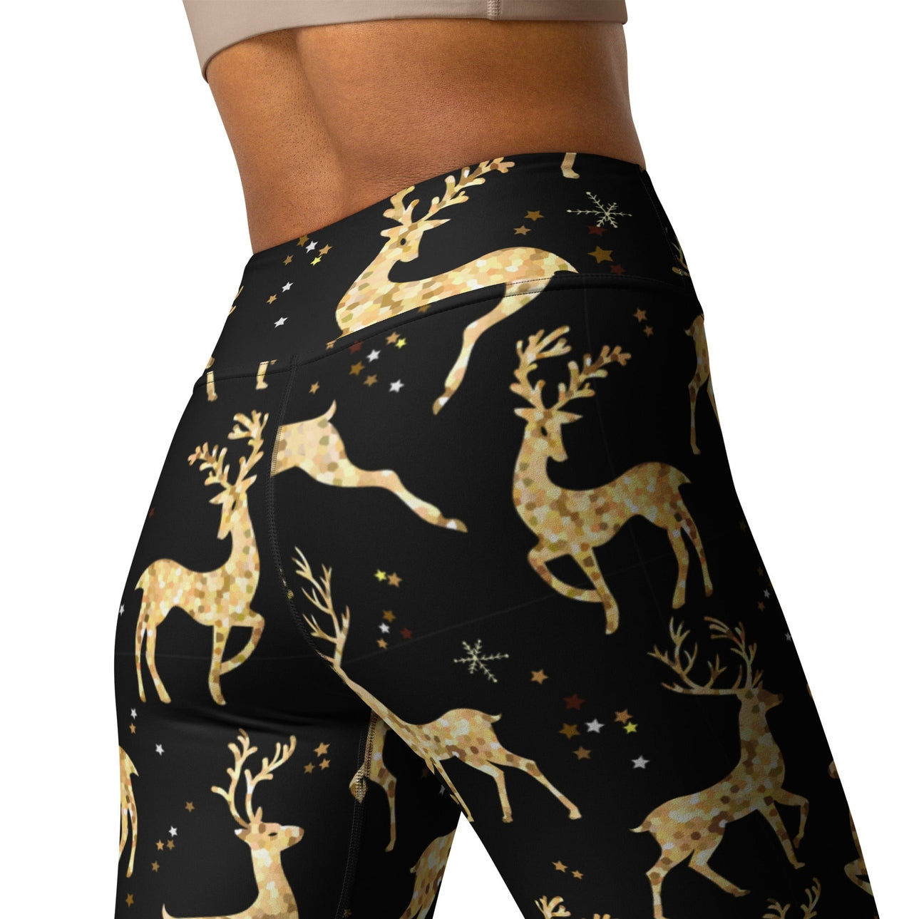 Golden Reindeers Print Yoga Leggings - Main Image
