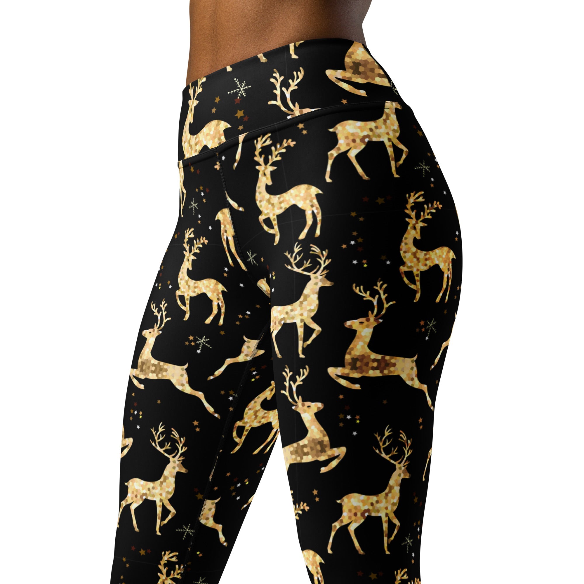 Golden Reindeers Print Yoga Leggings