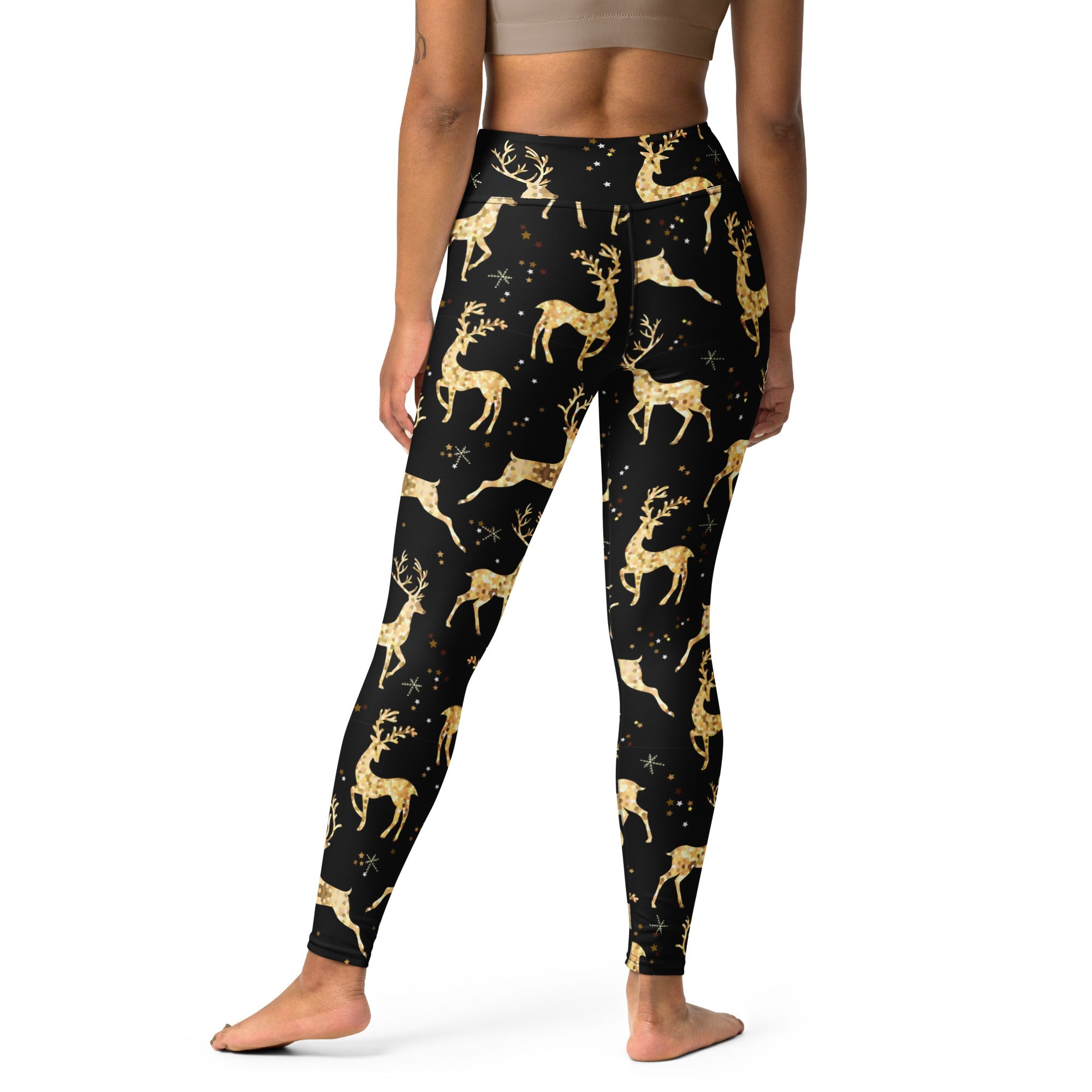 Golden Reindeers Print Yoga Leggings