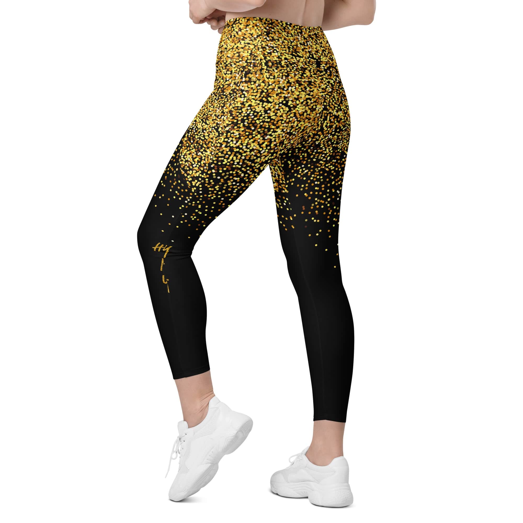 Golden Sparkly Print New Year Leggings With Pockets