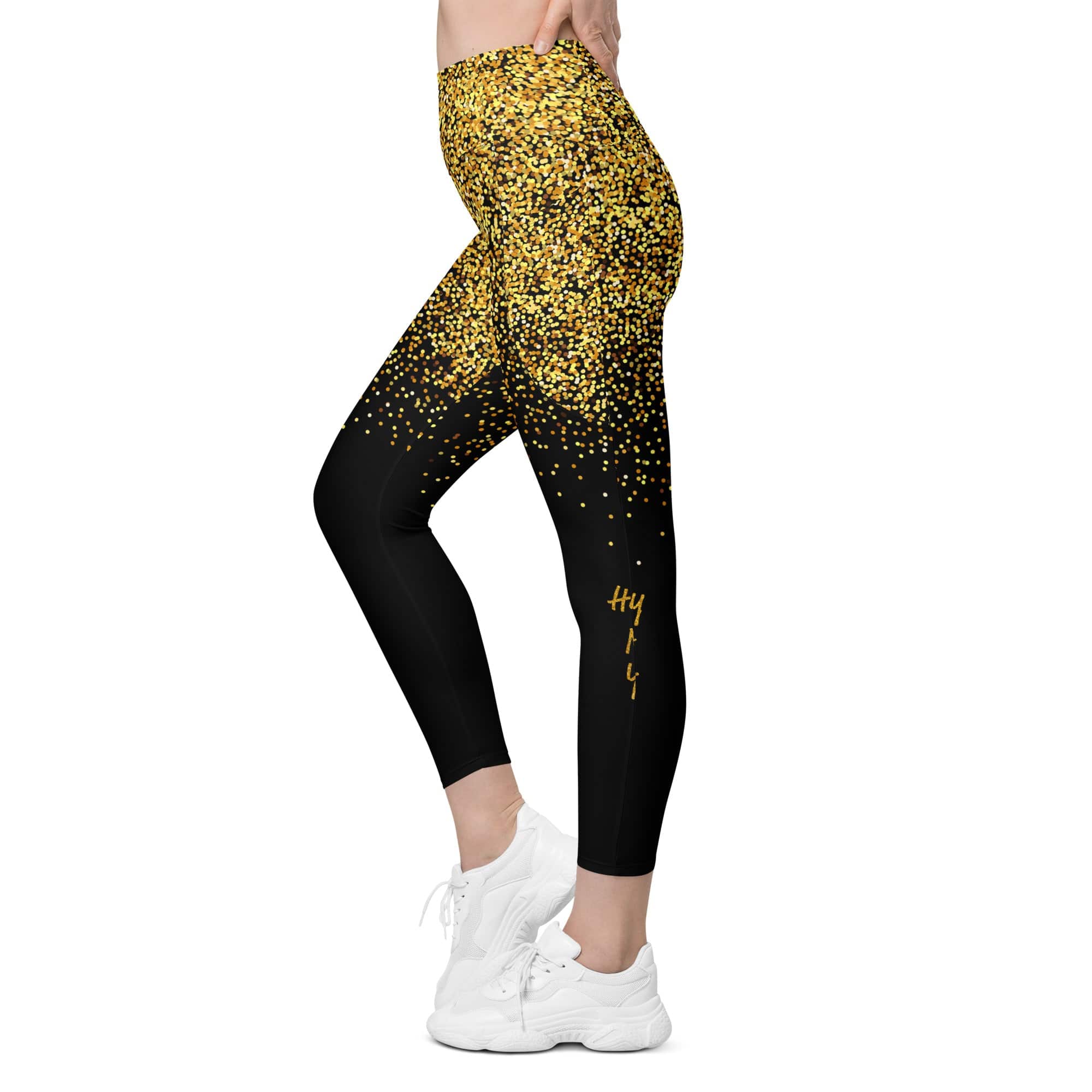 Golden Sparkly Print New Year Leggings With Pockets