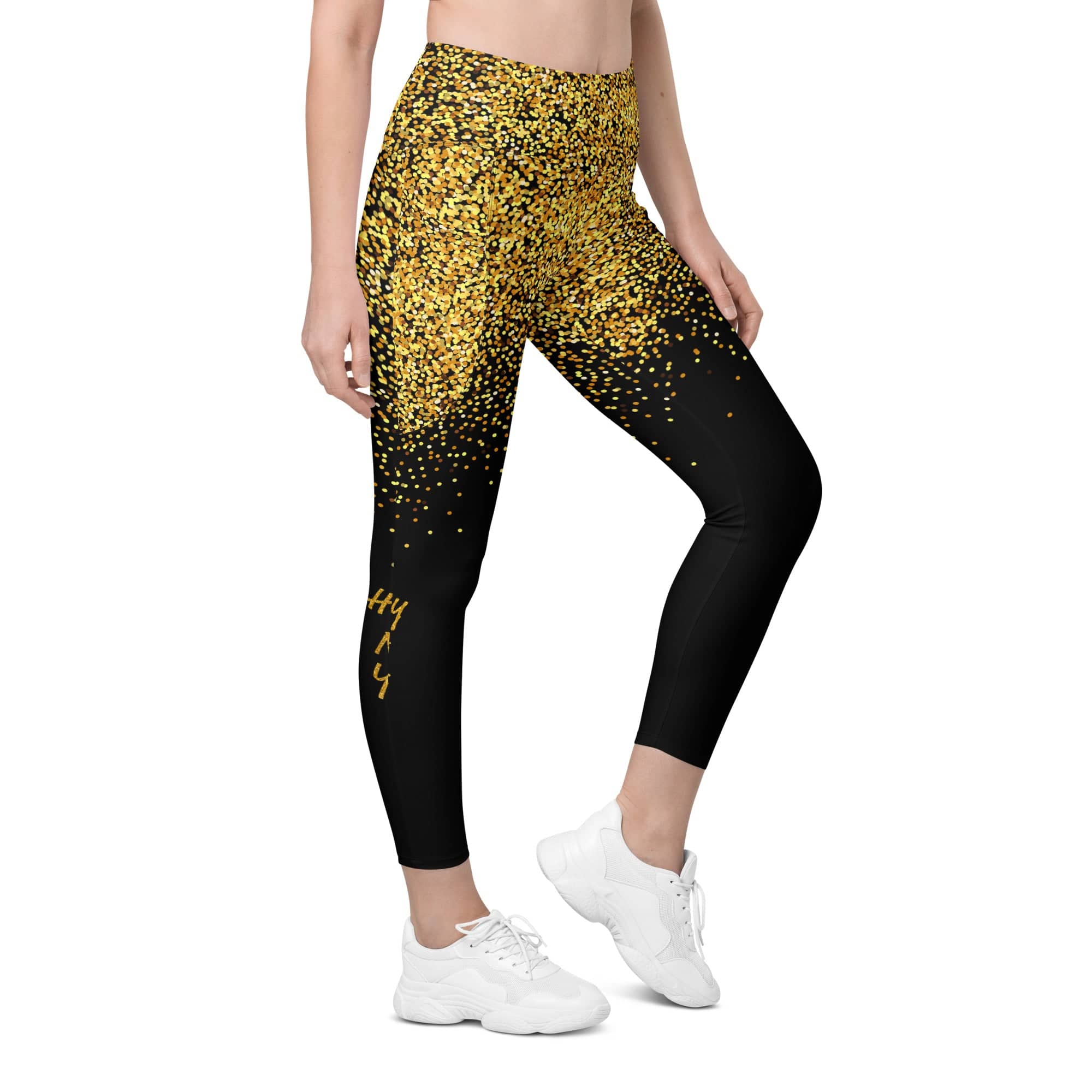 Golden Sparkly Print New Year Leggings With Pockets