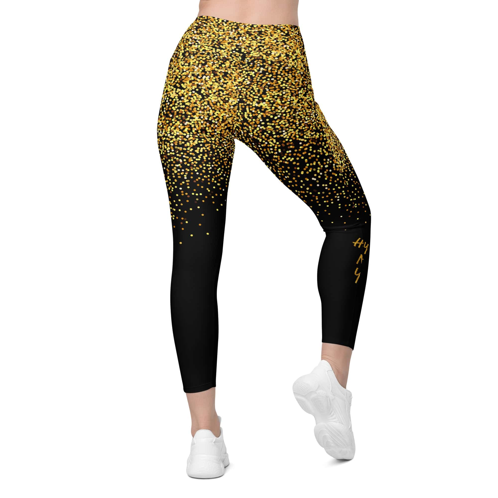 Golden Sparkly Print New Year Leggings With Pockets