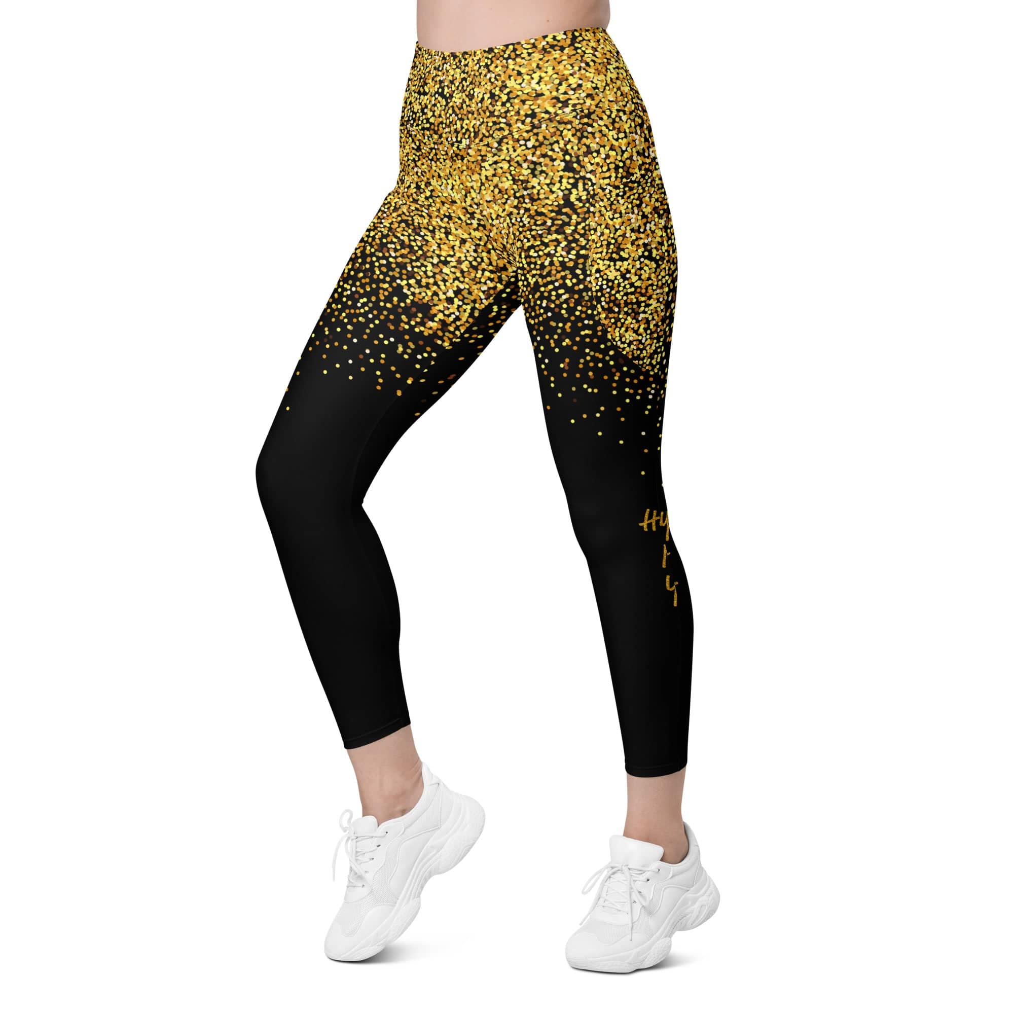 Golden Sparkly Print New Year Leggings With Pockets
