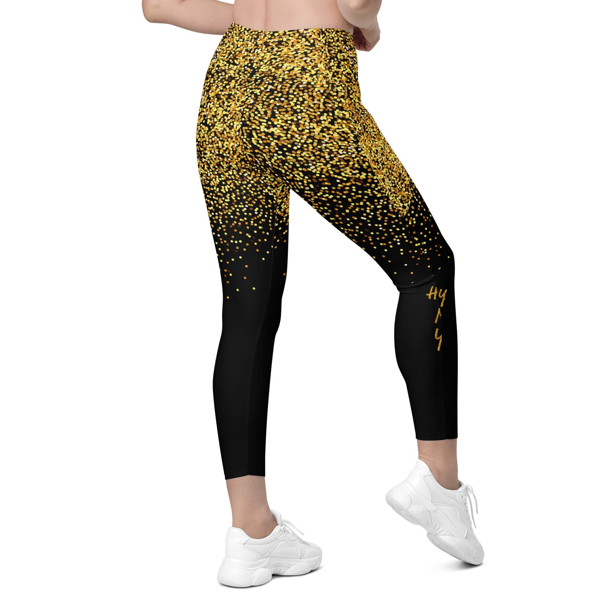 Golden Sparkly Print New Year Leggings With Pockets