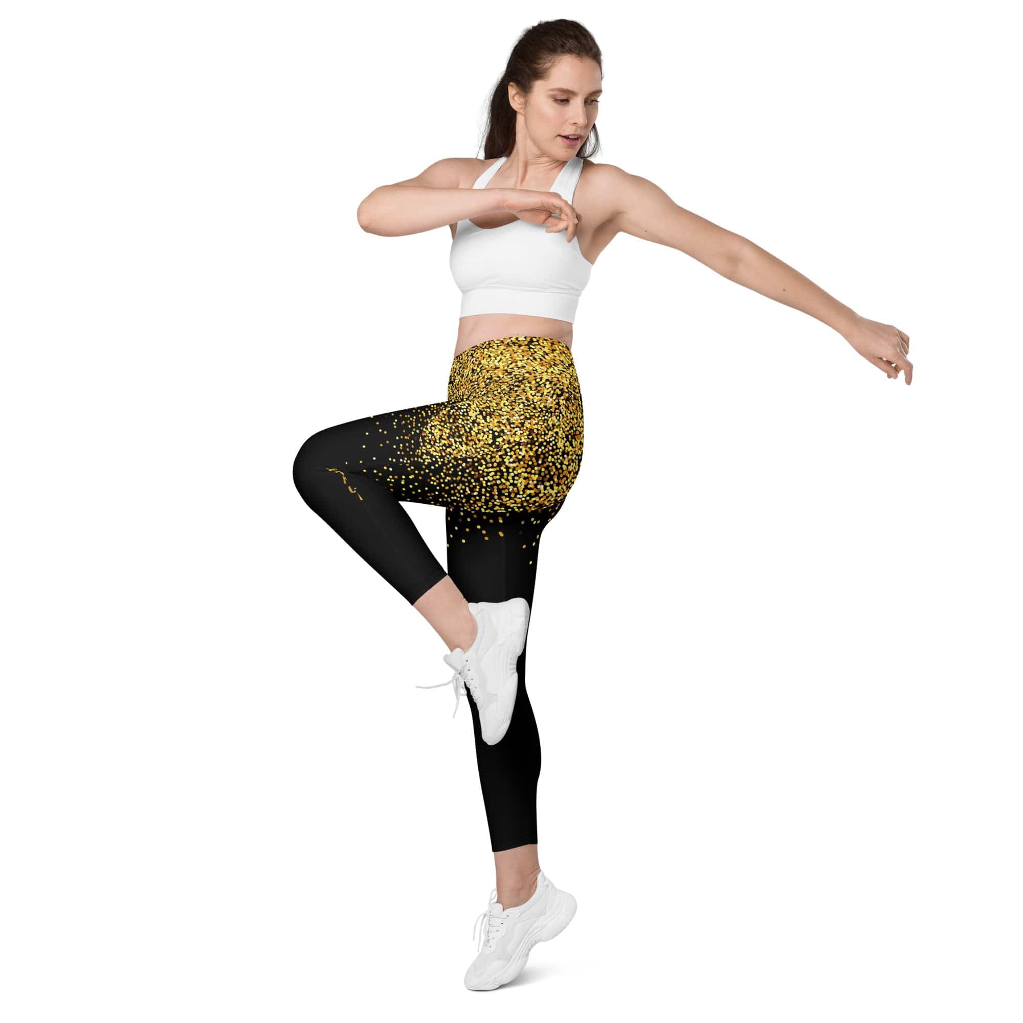 Golden Sparkly Print New Year Leggings With Pockets