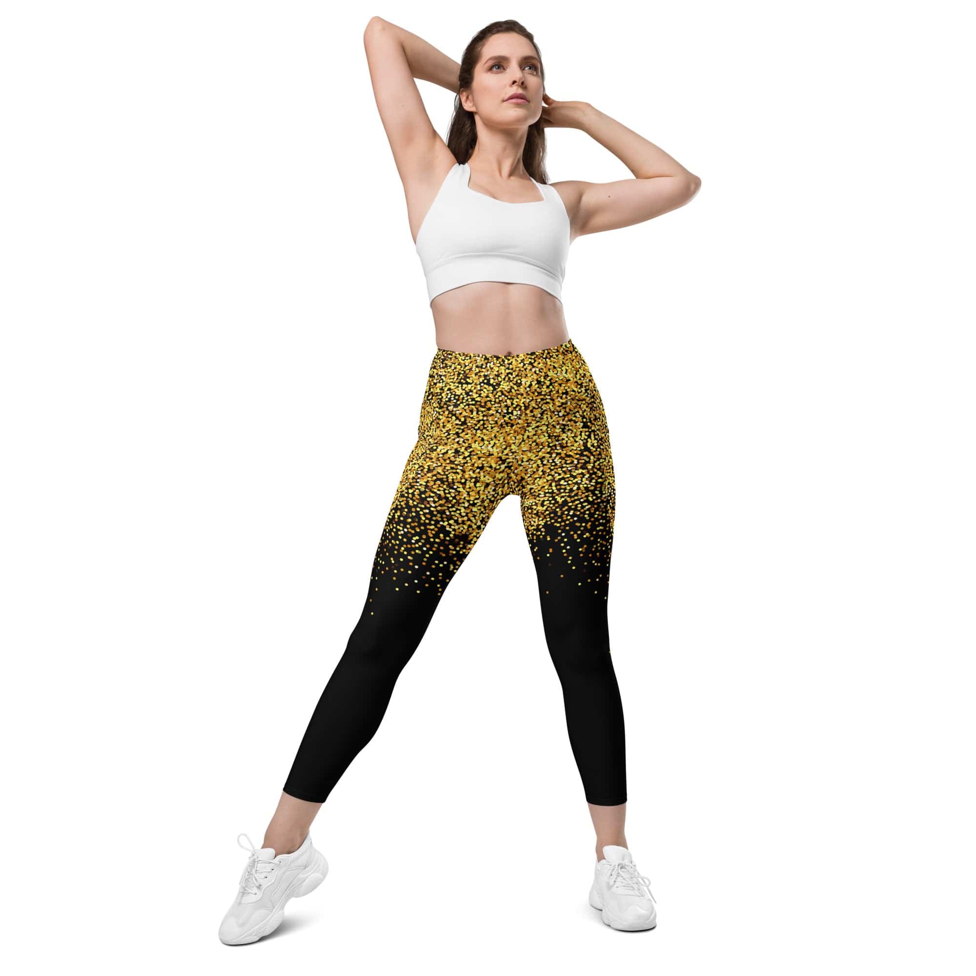 Golden Sparkly Print New Year Leggings With Pockets