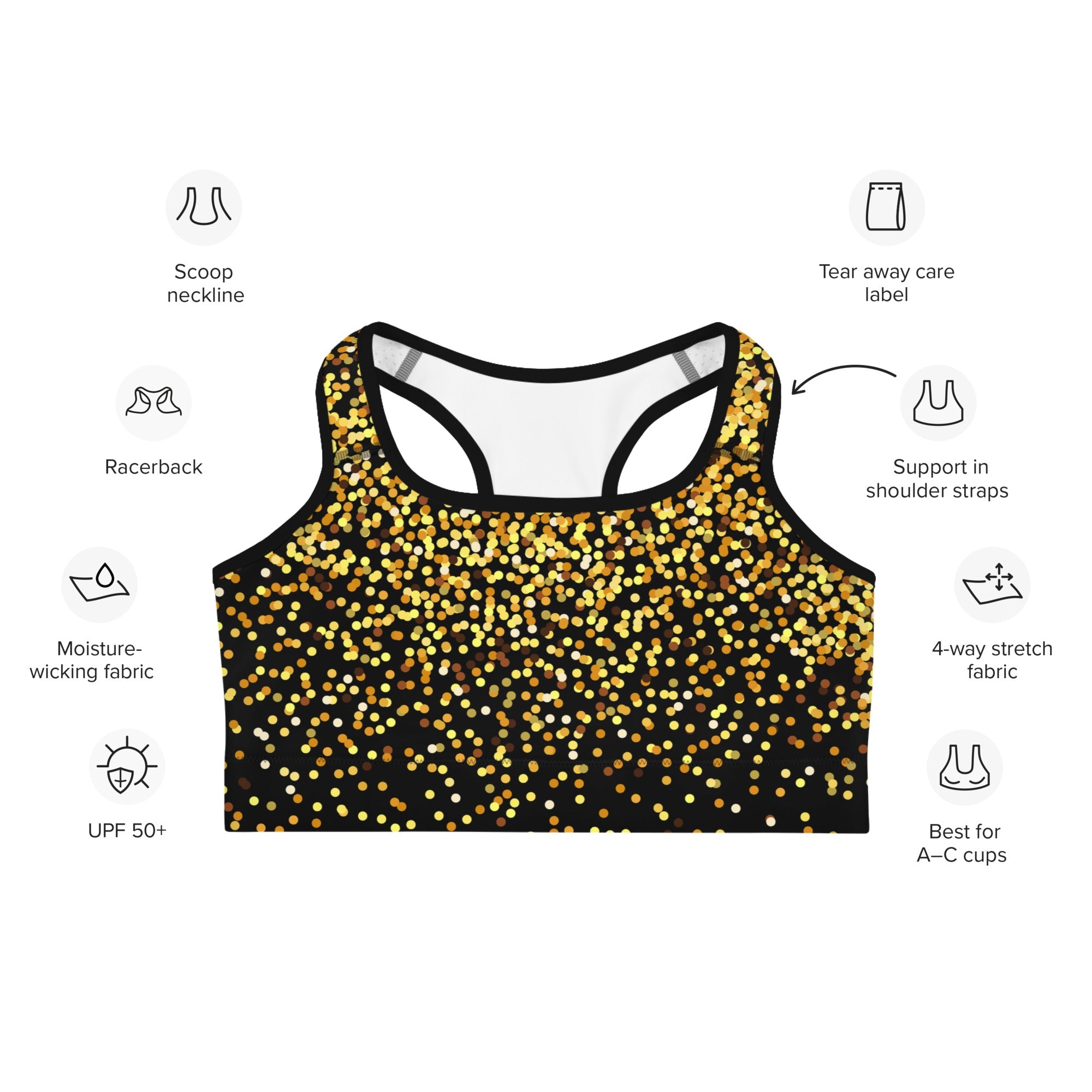 Golden Sparkly Print New Year Sports Bra