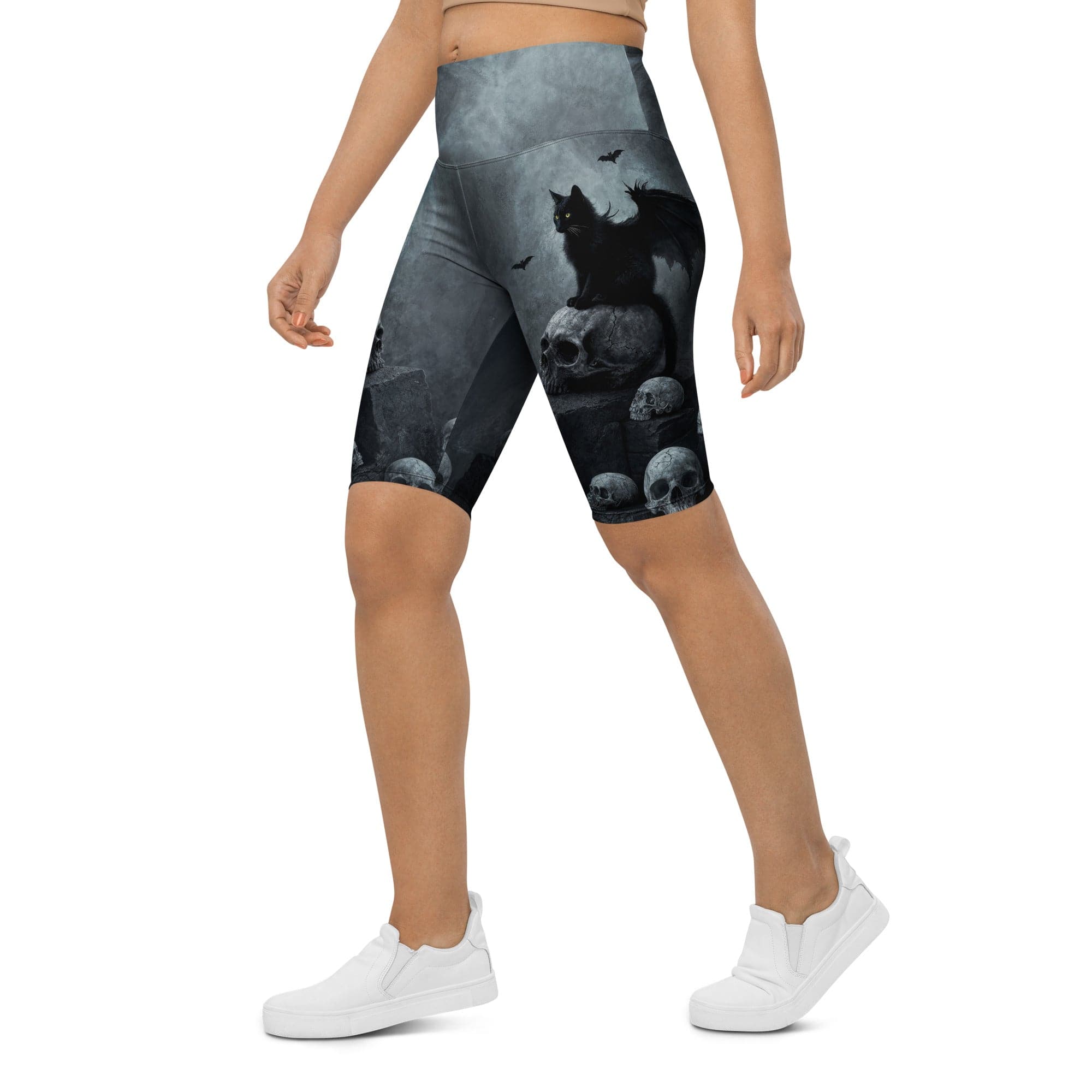 Halloween Black Cat & Skull Biker Shorts