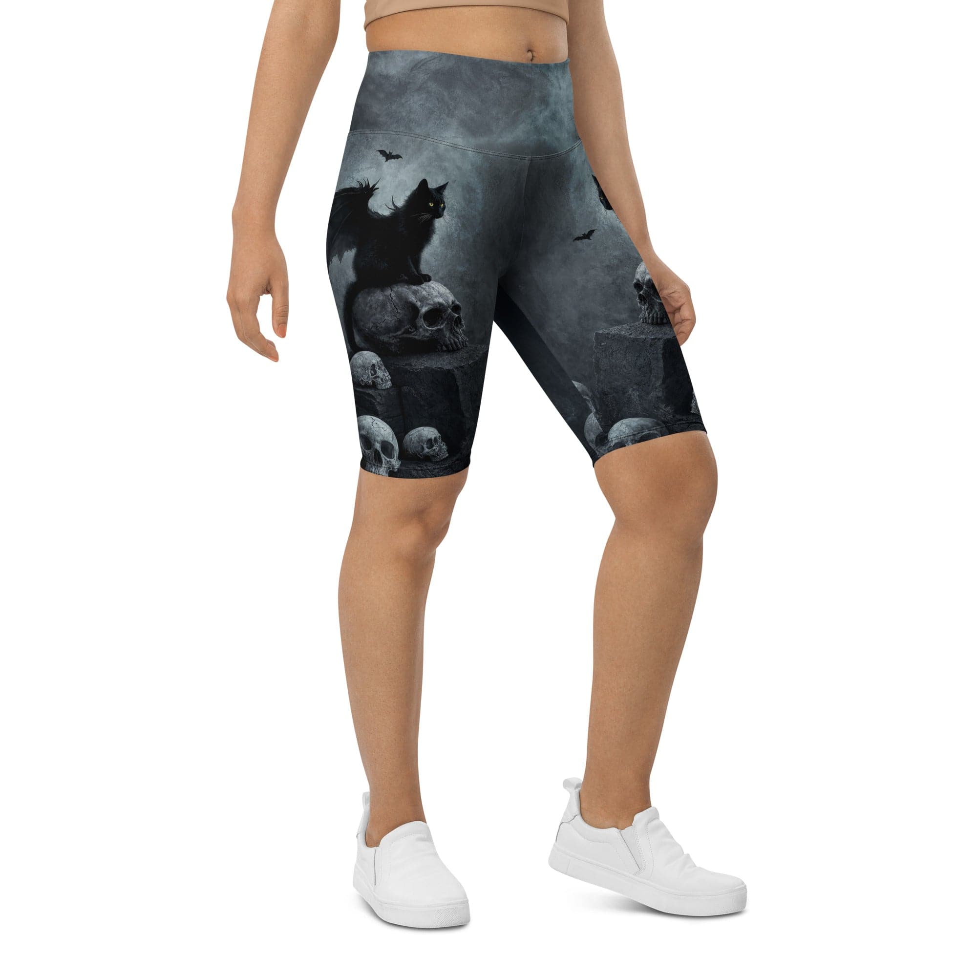 Halloween Black Cat & Skull Biker Shorts