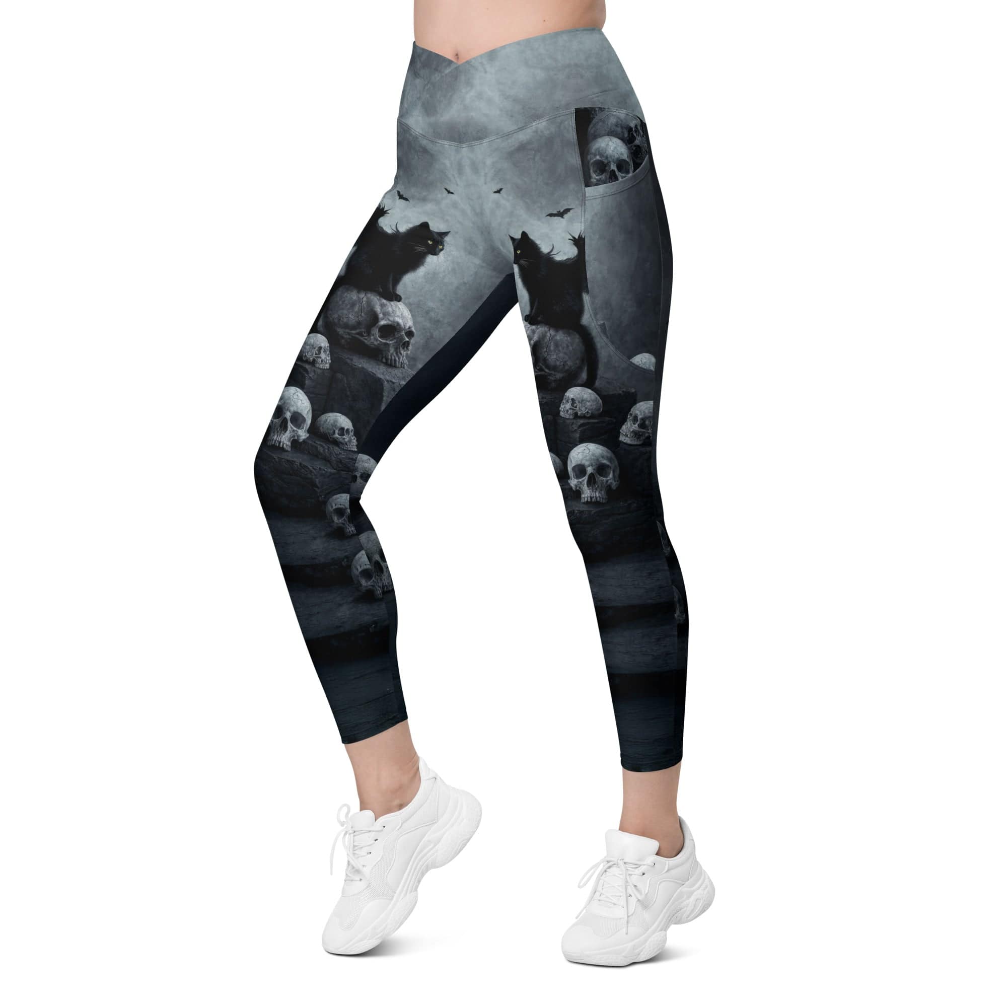 Halloween Black Cat & Skull Crossover Leggings With Pockets