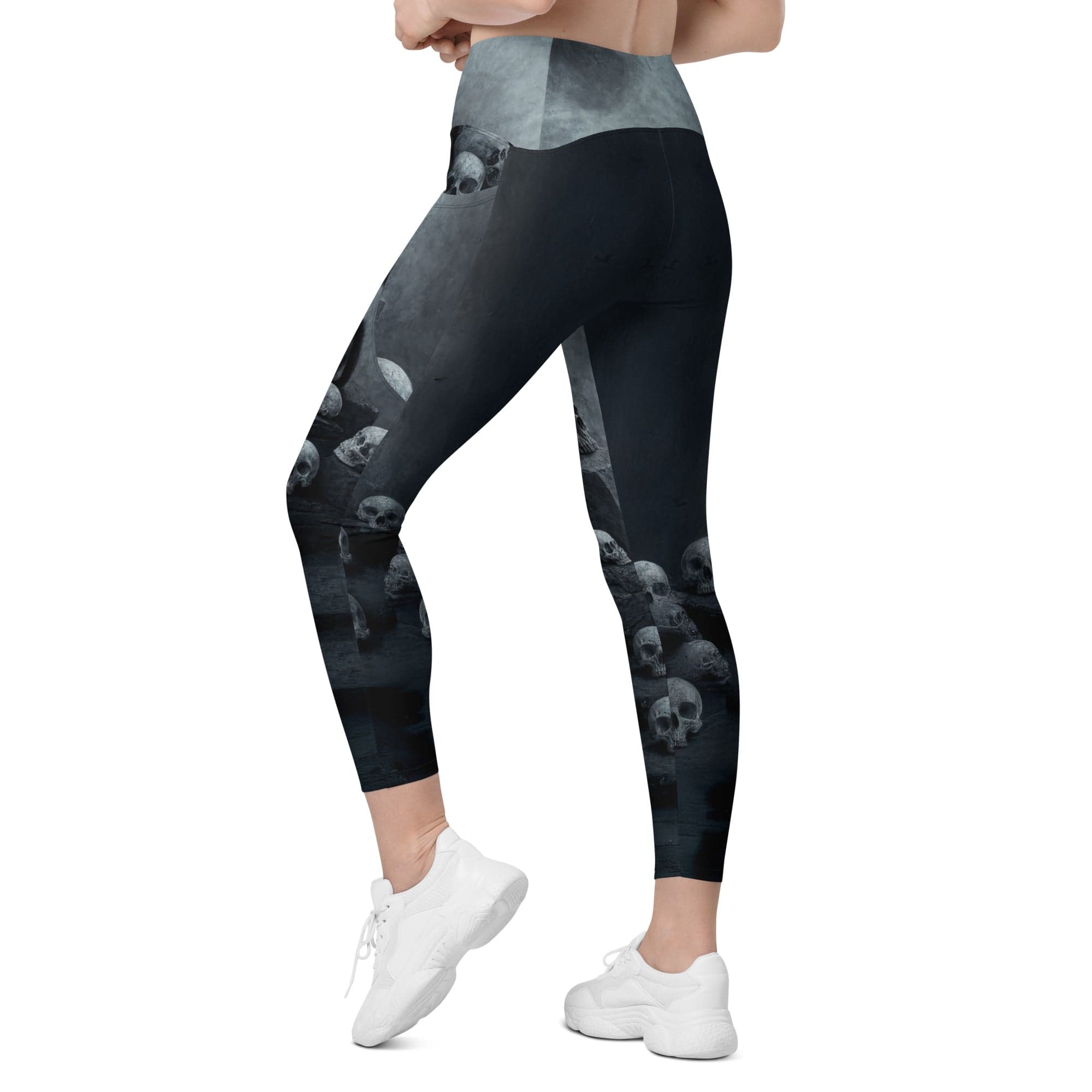 Halloween Black Cat & Skull Crossover Leggings With Pockets