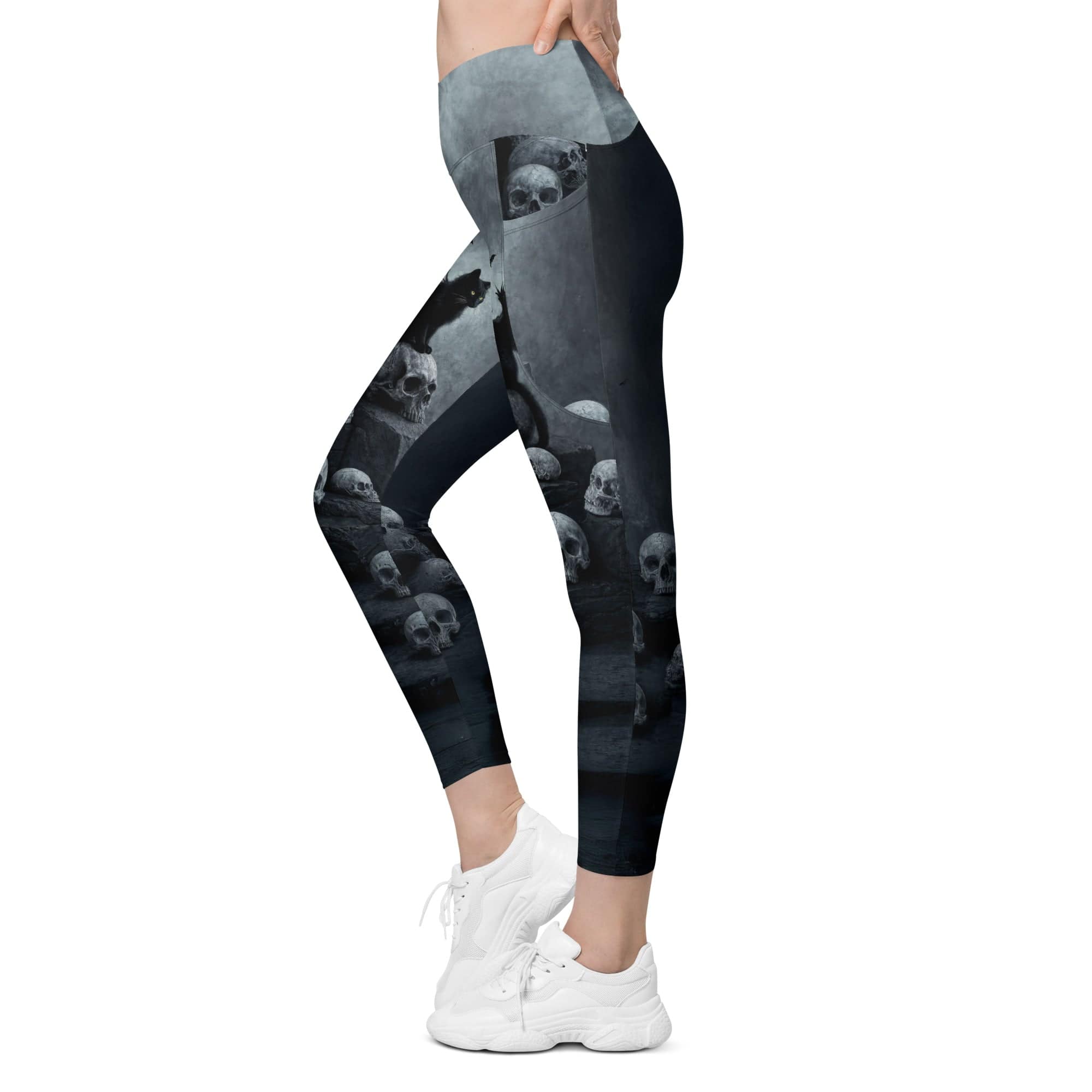 Halloween Black Cat & Skull Crossover Leggings With Pockets