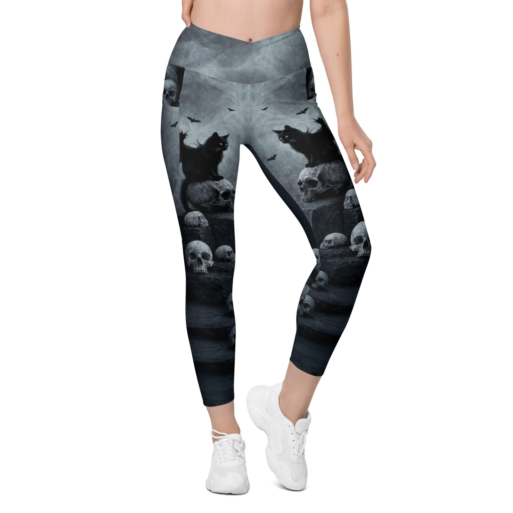 Halloween Black Cat & Skull Crossover Leggings With Pockets