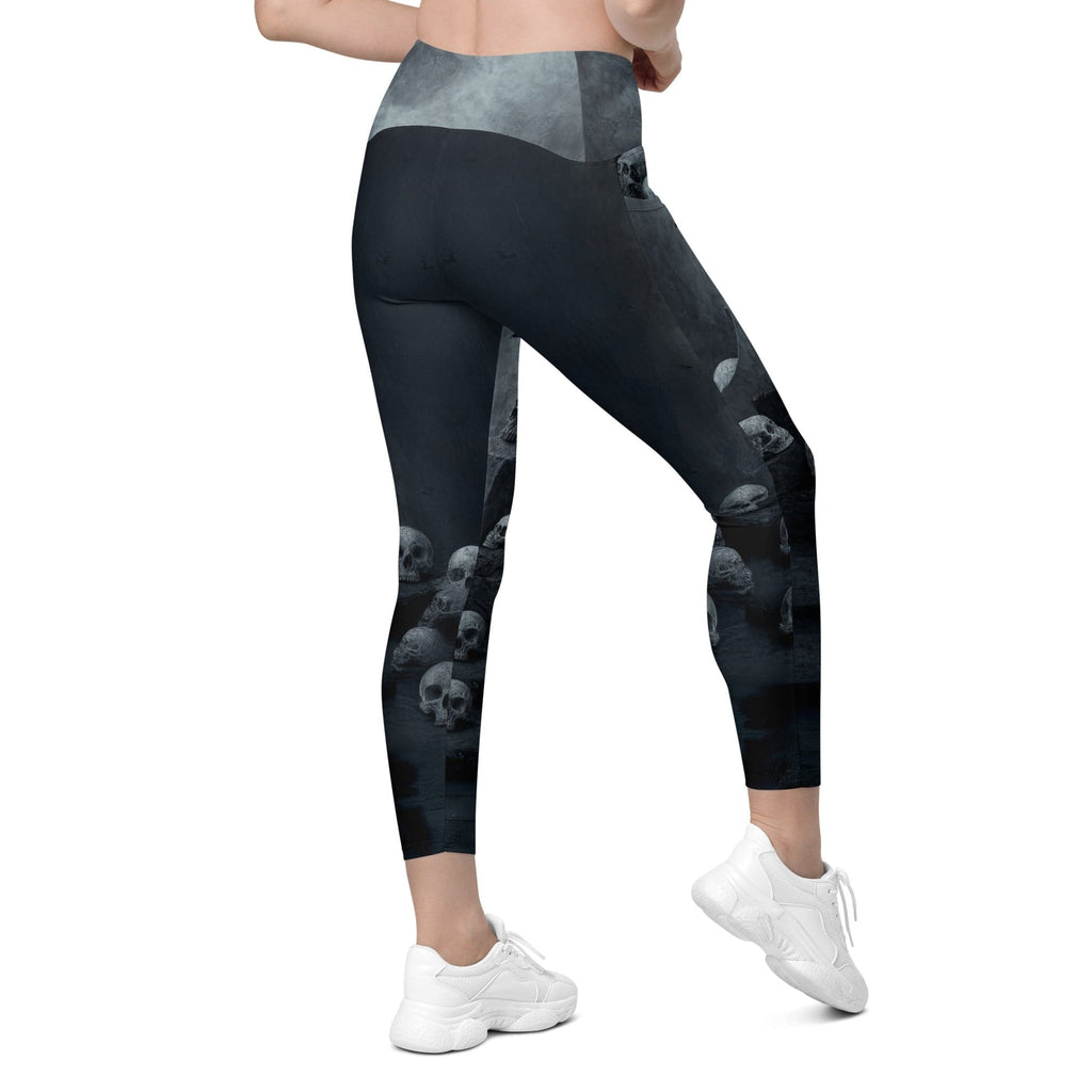 Halloween Black Cat & Skull Crossover Leggings With Pockets