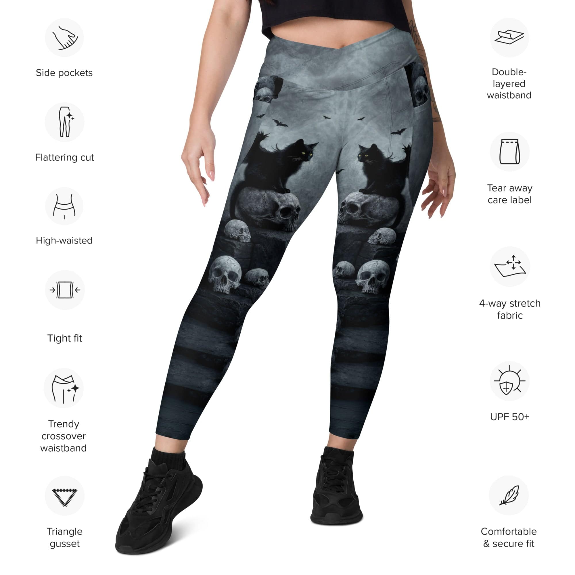 Halloween Black Cat & Skull Crossover Leggings With Pockets