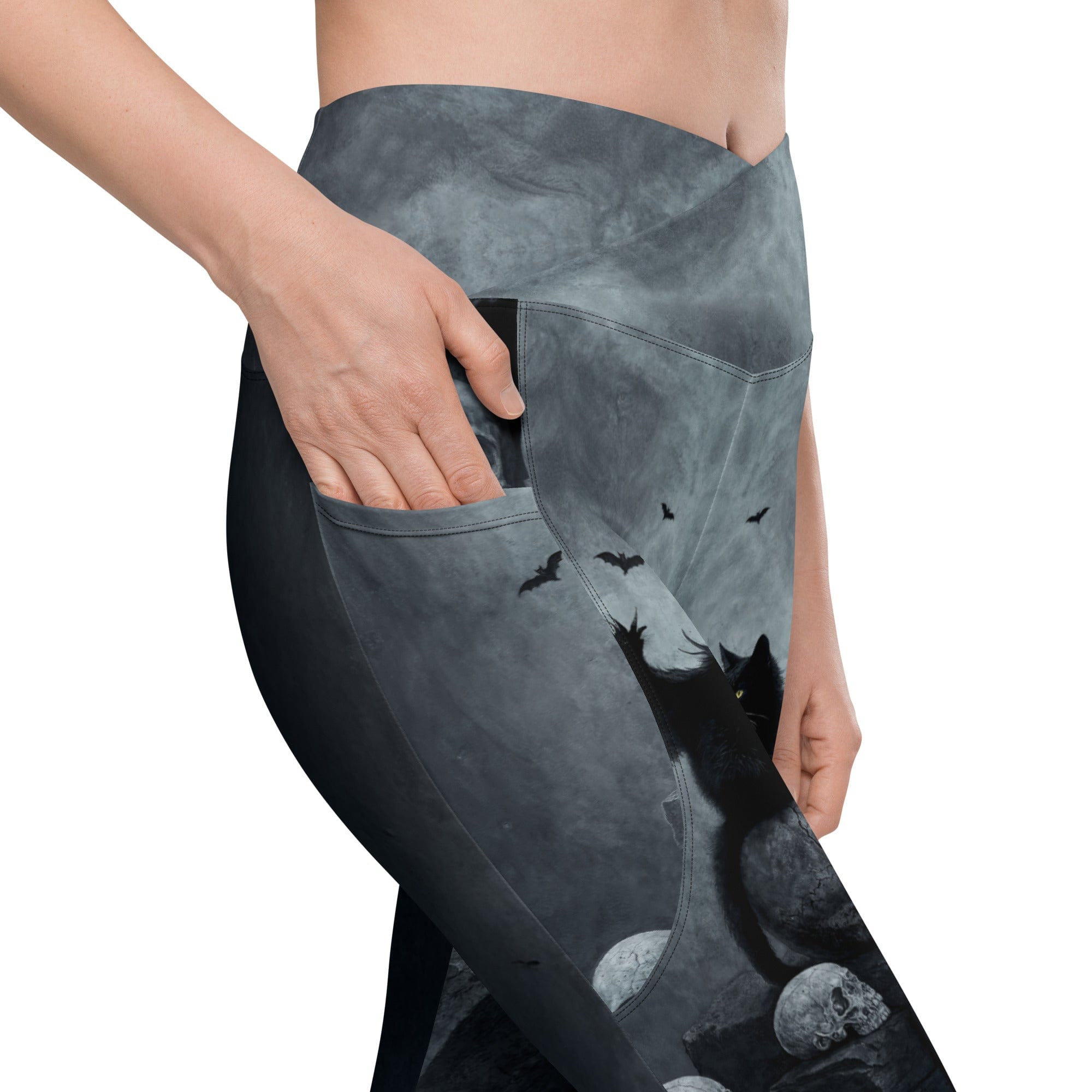 Halloween Black Cat & Skull Crossover Leggings With Pockets