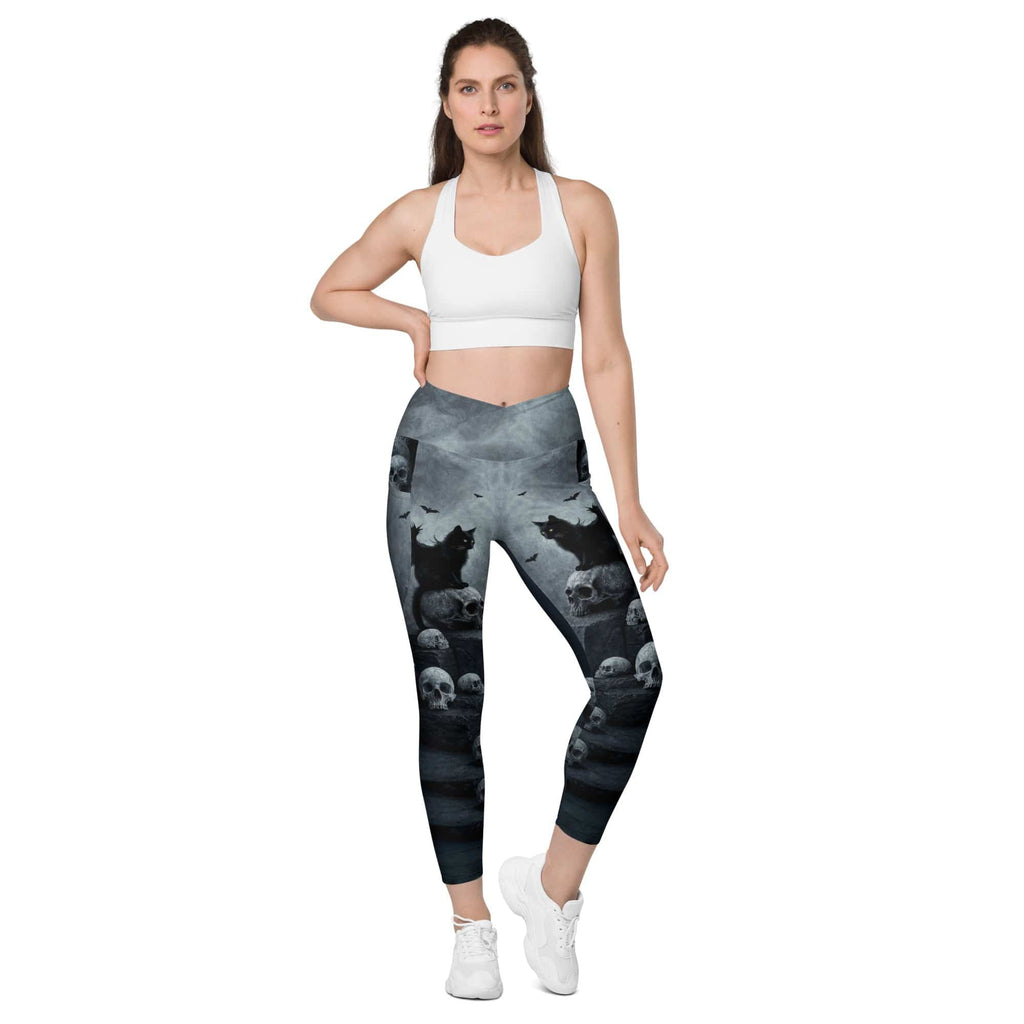 Halloween Black Cat & Skull Crossover Leggings With Pockets