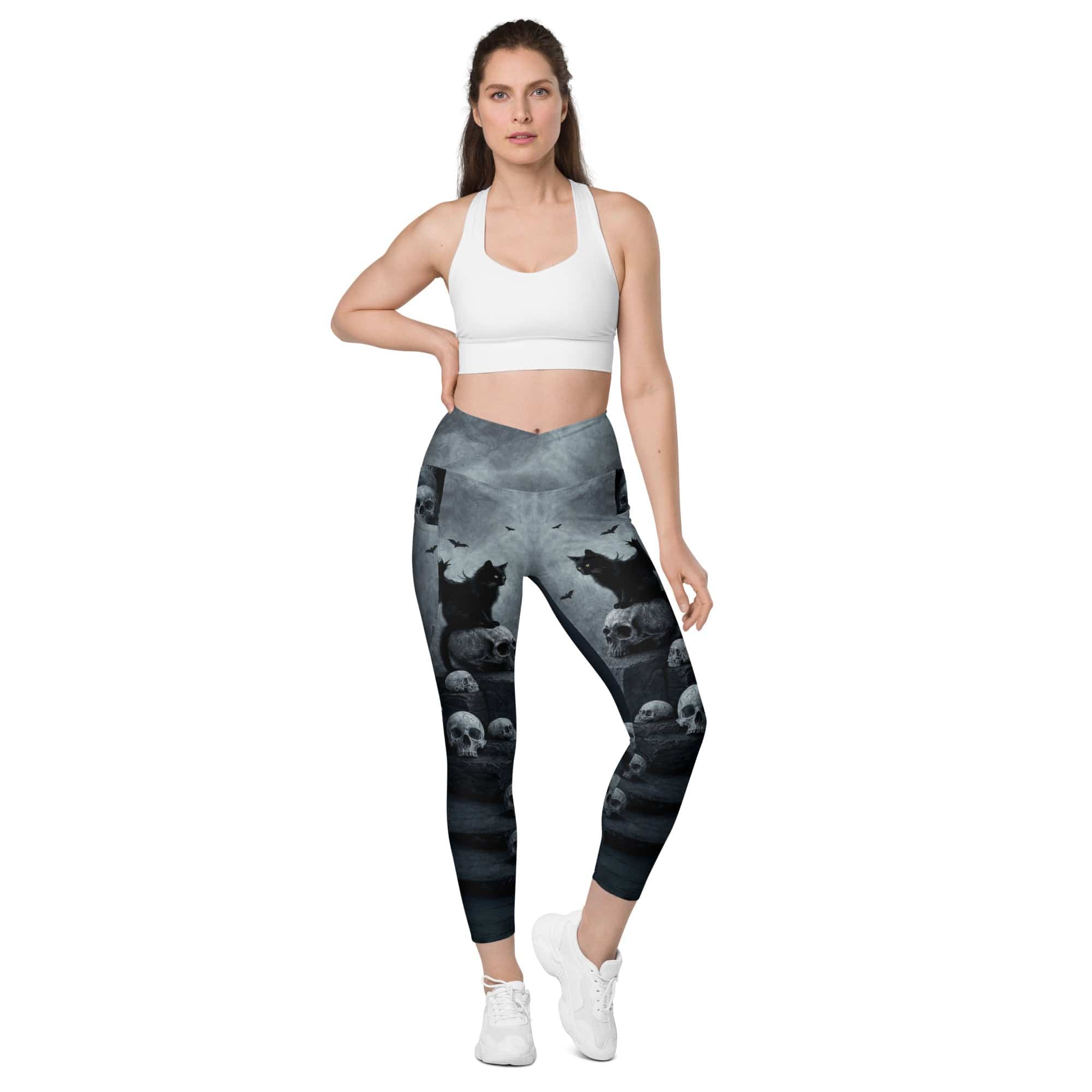 Halloween Black Cat & Skull Crossover Leggings With Pockets