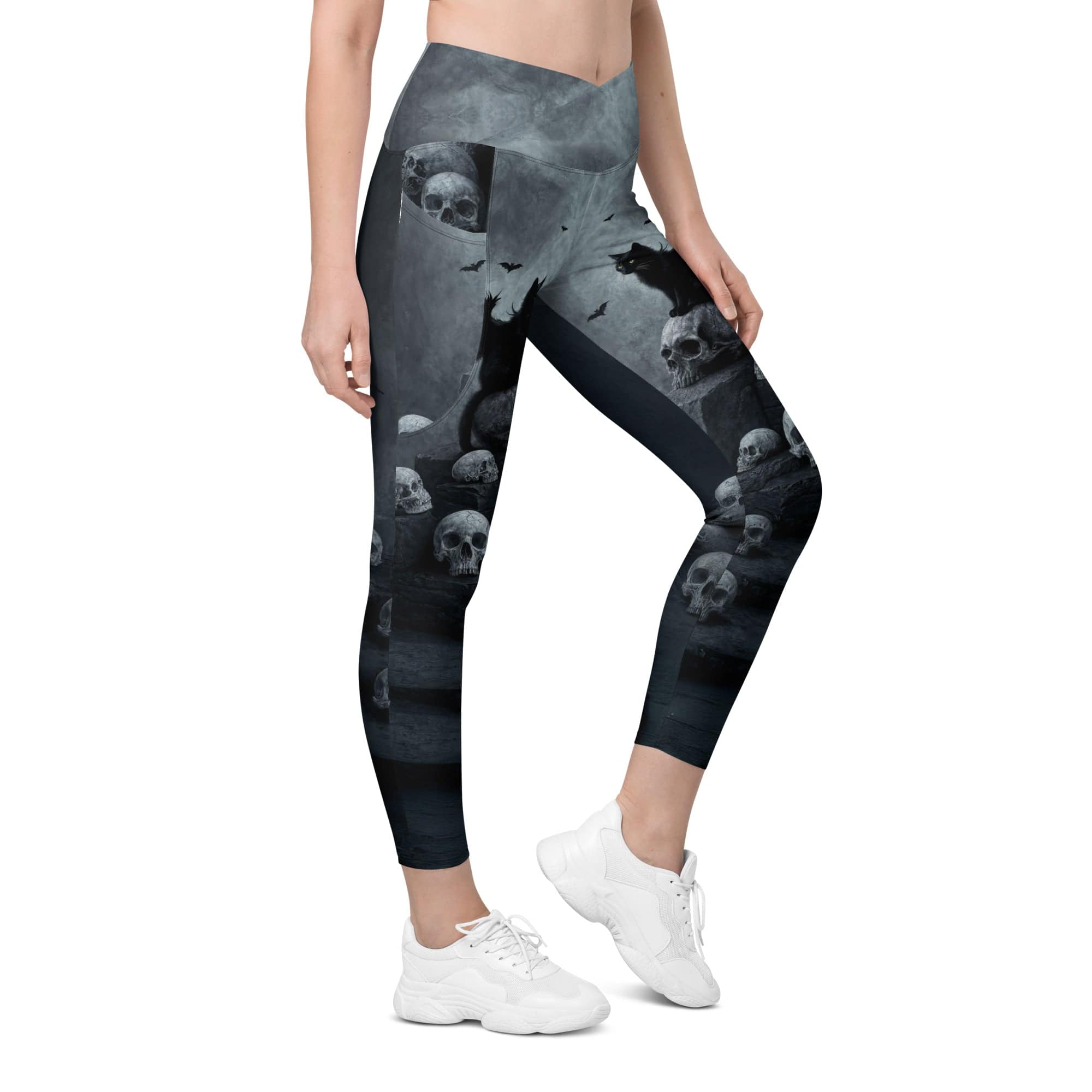 Halloween Black Cat & Skull Crossover Leggings With Pockets