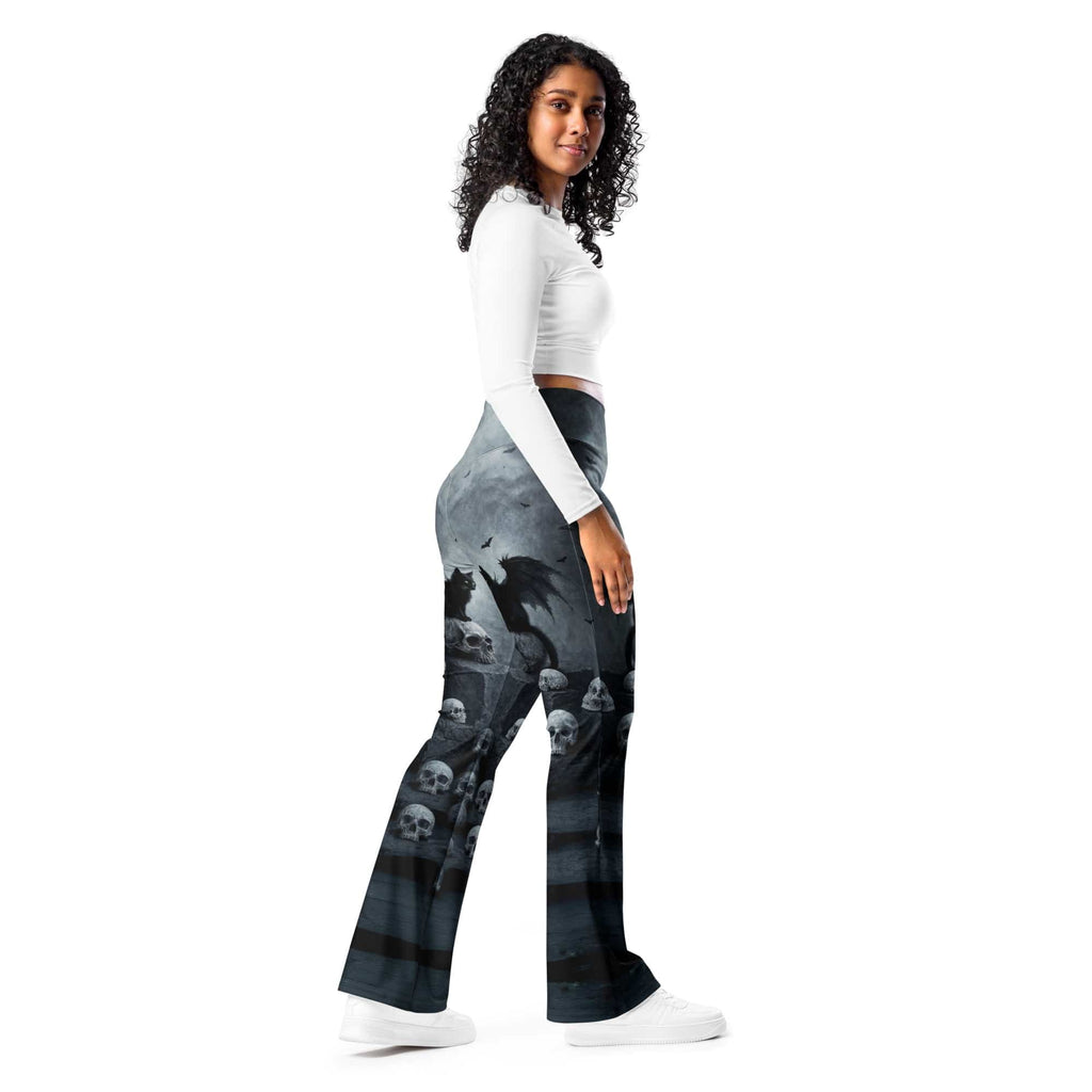 Halloween Black Cat & Skull Flare Leggings