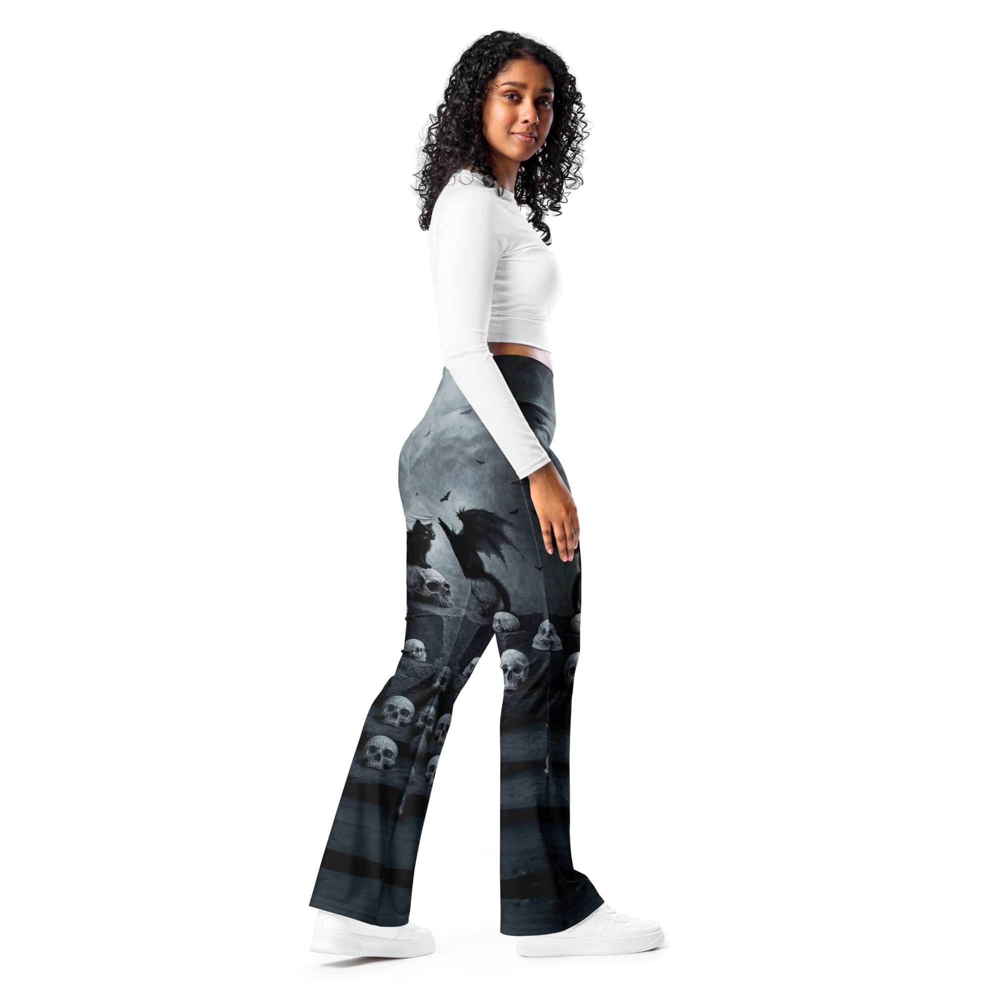 Halloween Black Cat & Skull Flare Leggings