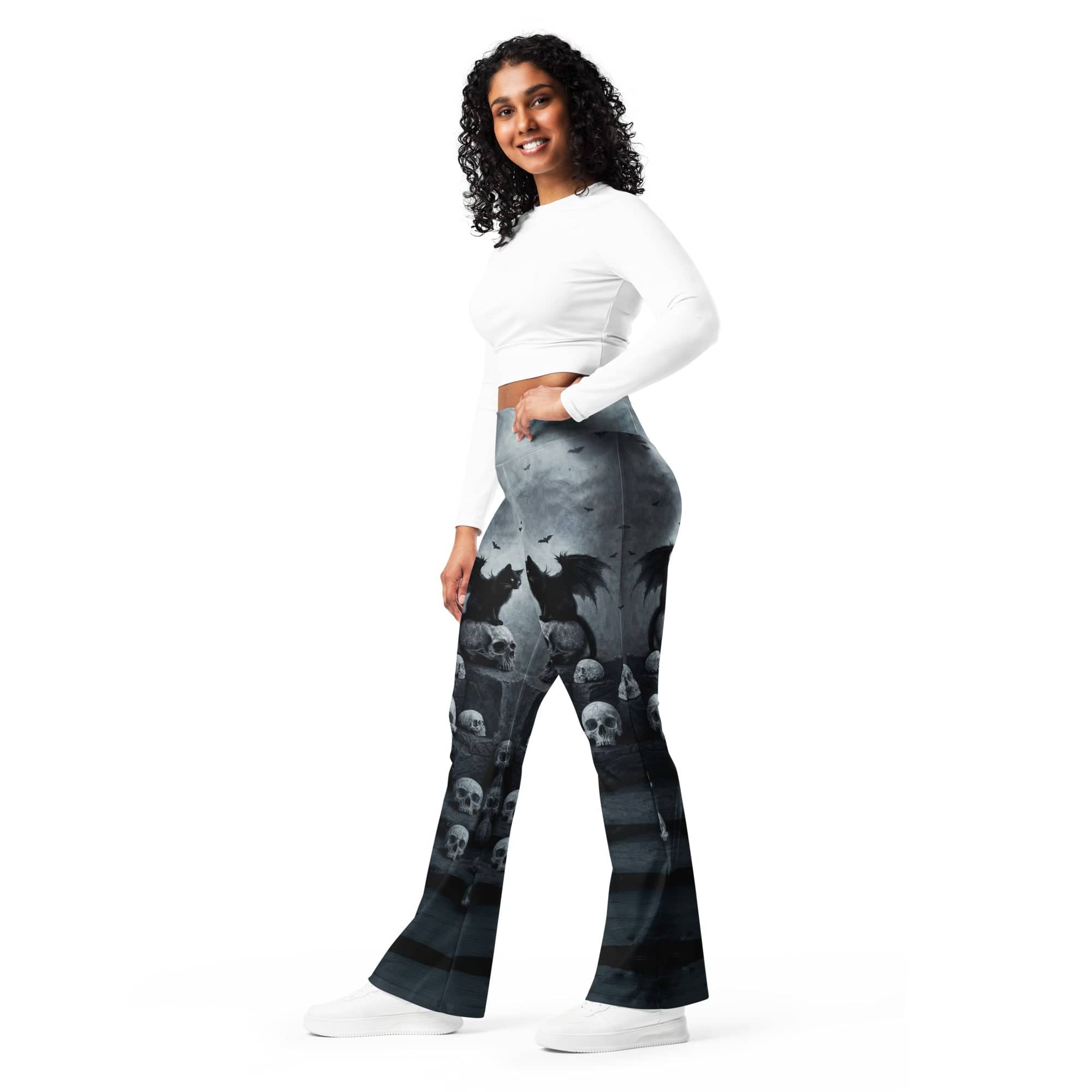 Halloween Black Cat & Skull Flare Leggings