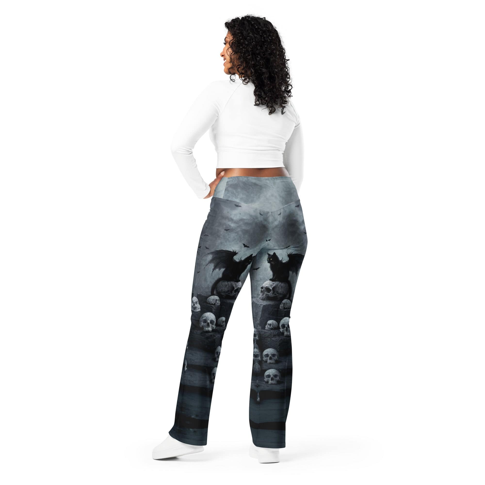 Halloween Black Cat & Skull Flare Leggings