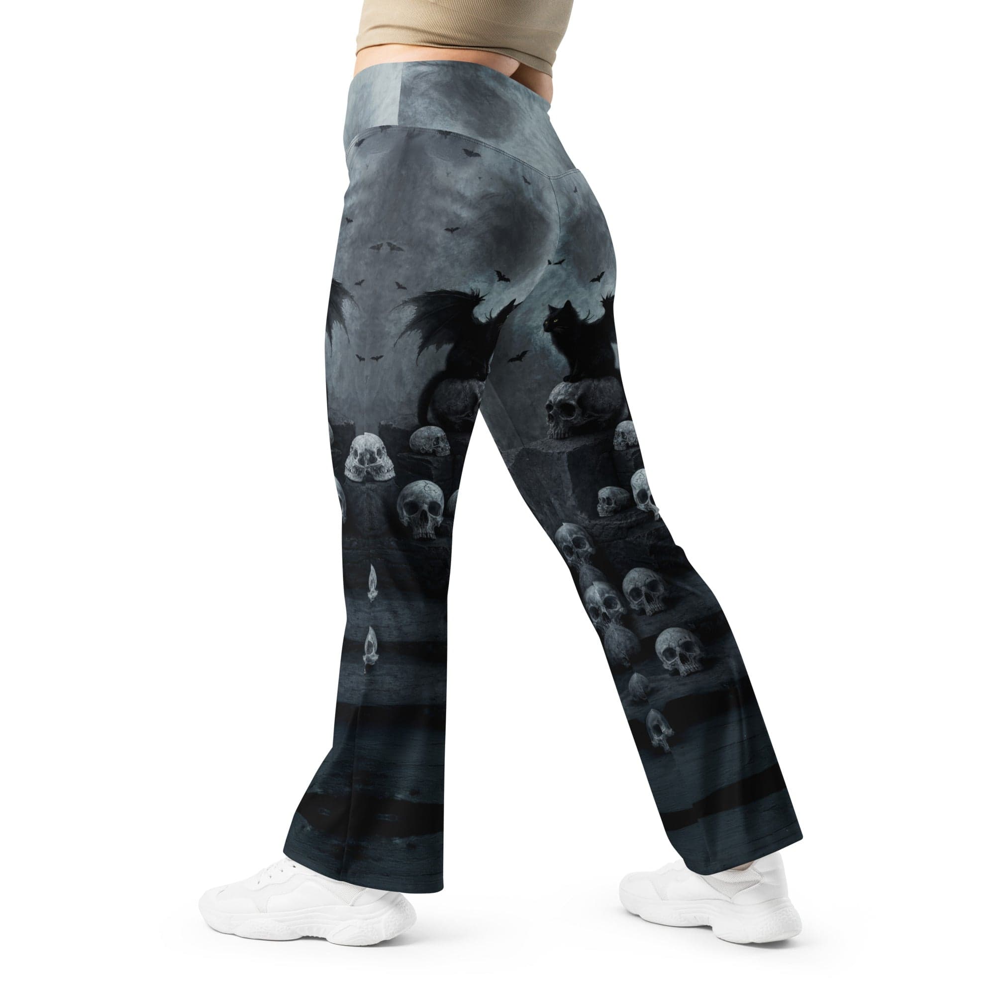 Halloween Black Cat & Skull Flare Leggings