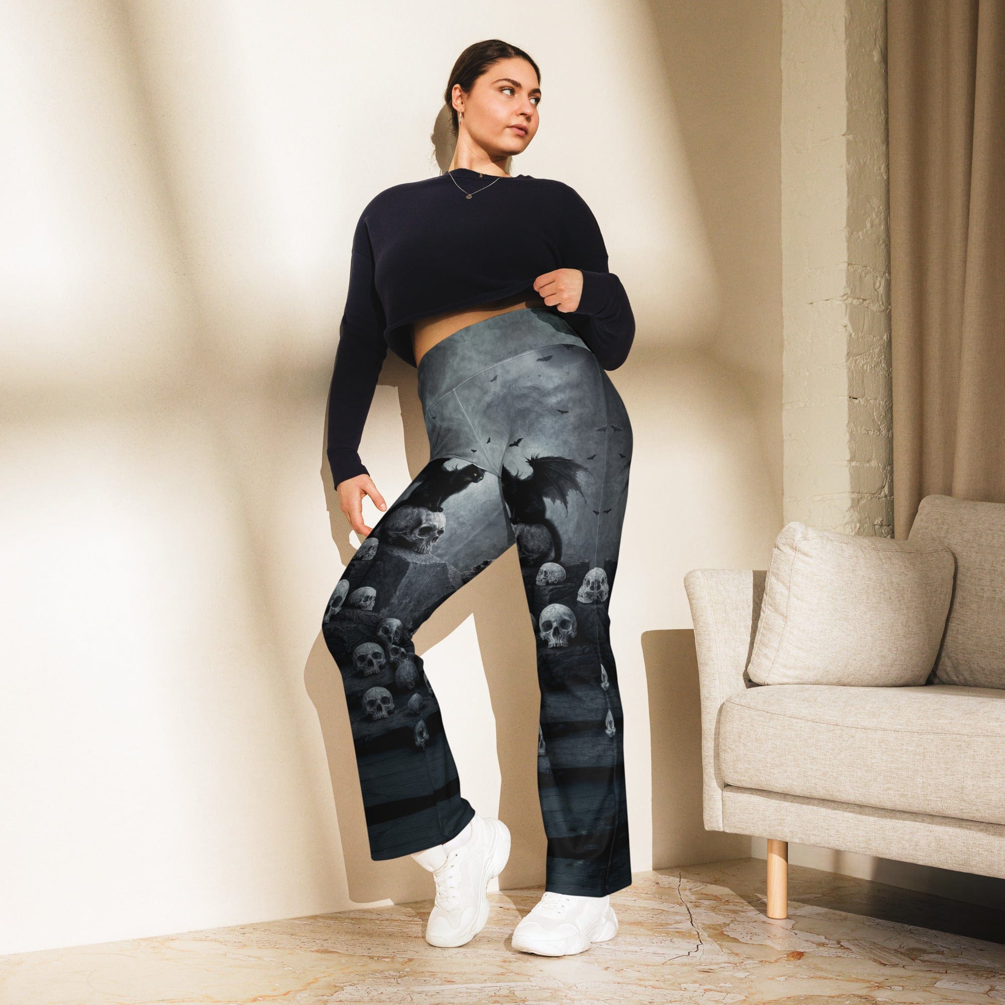 Halloween Black Cat & Skull Flare Leggings