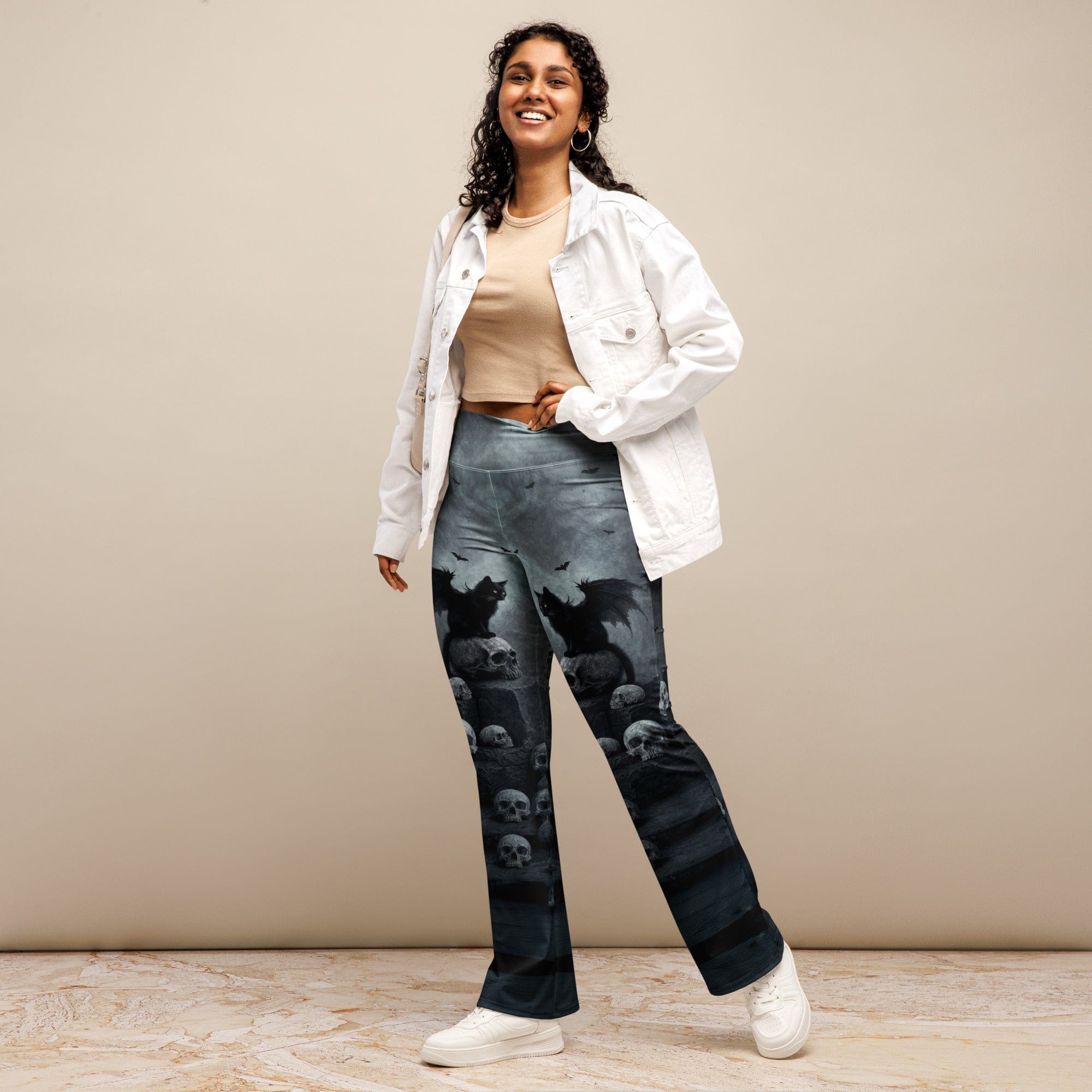 Halloween Black Cat & Skull Flare Leggings