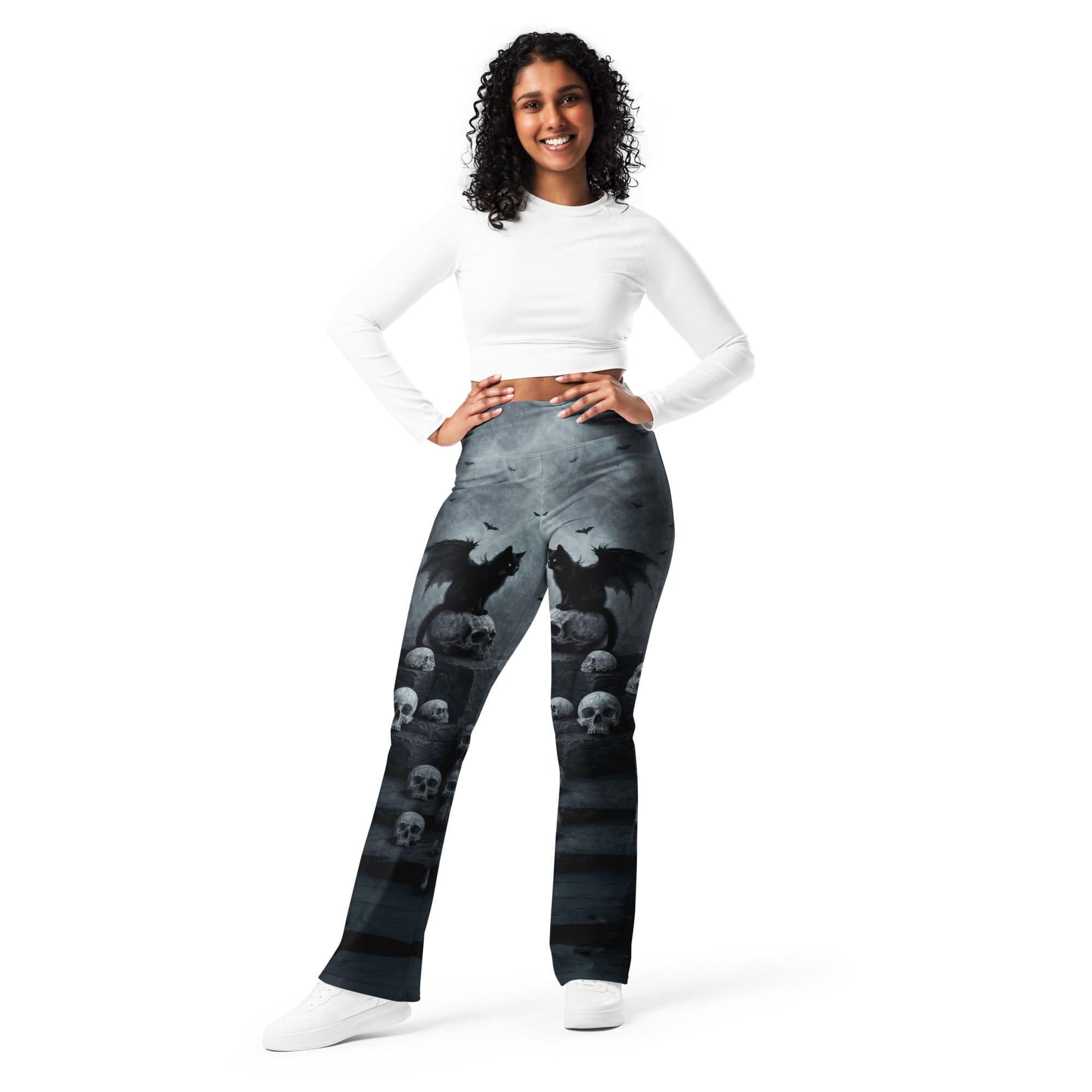 Halloween Black Cat & Skull Flare Leggings