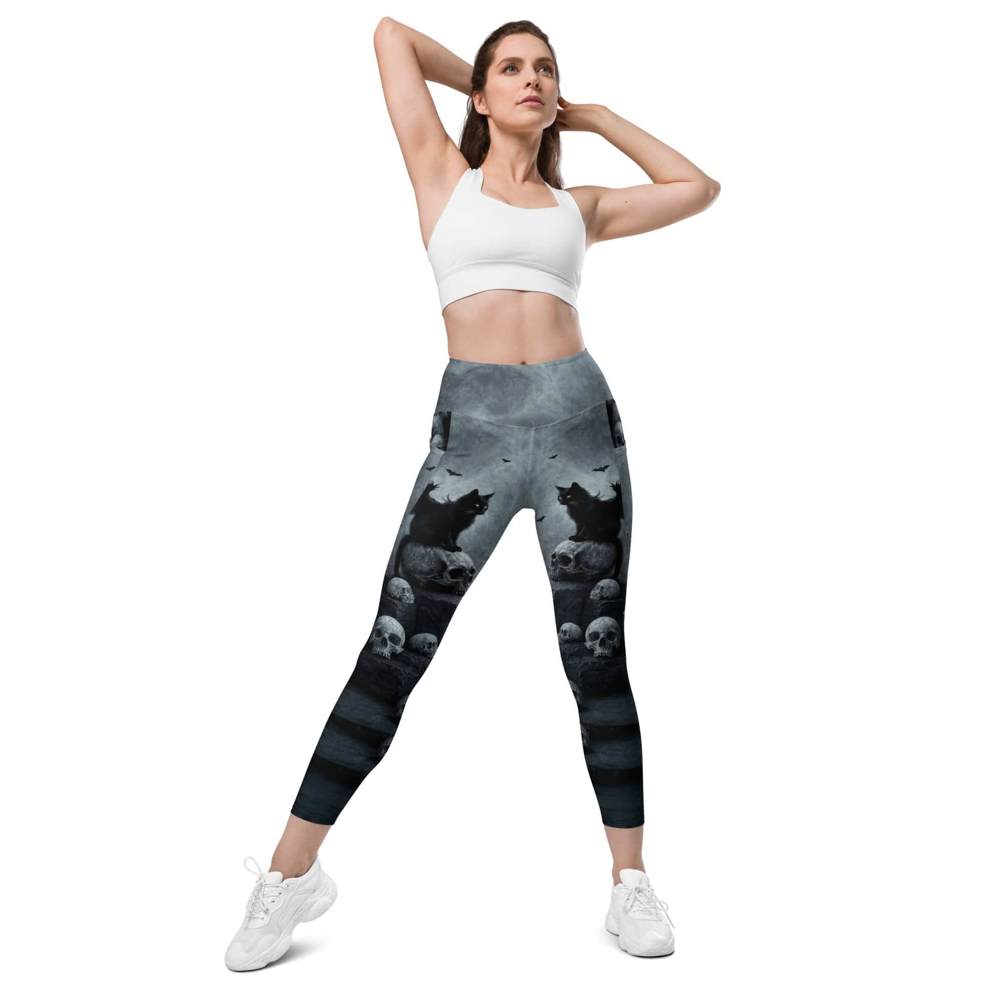 Halloween Black Cat & Skull Leggings With Pockets